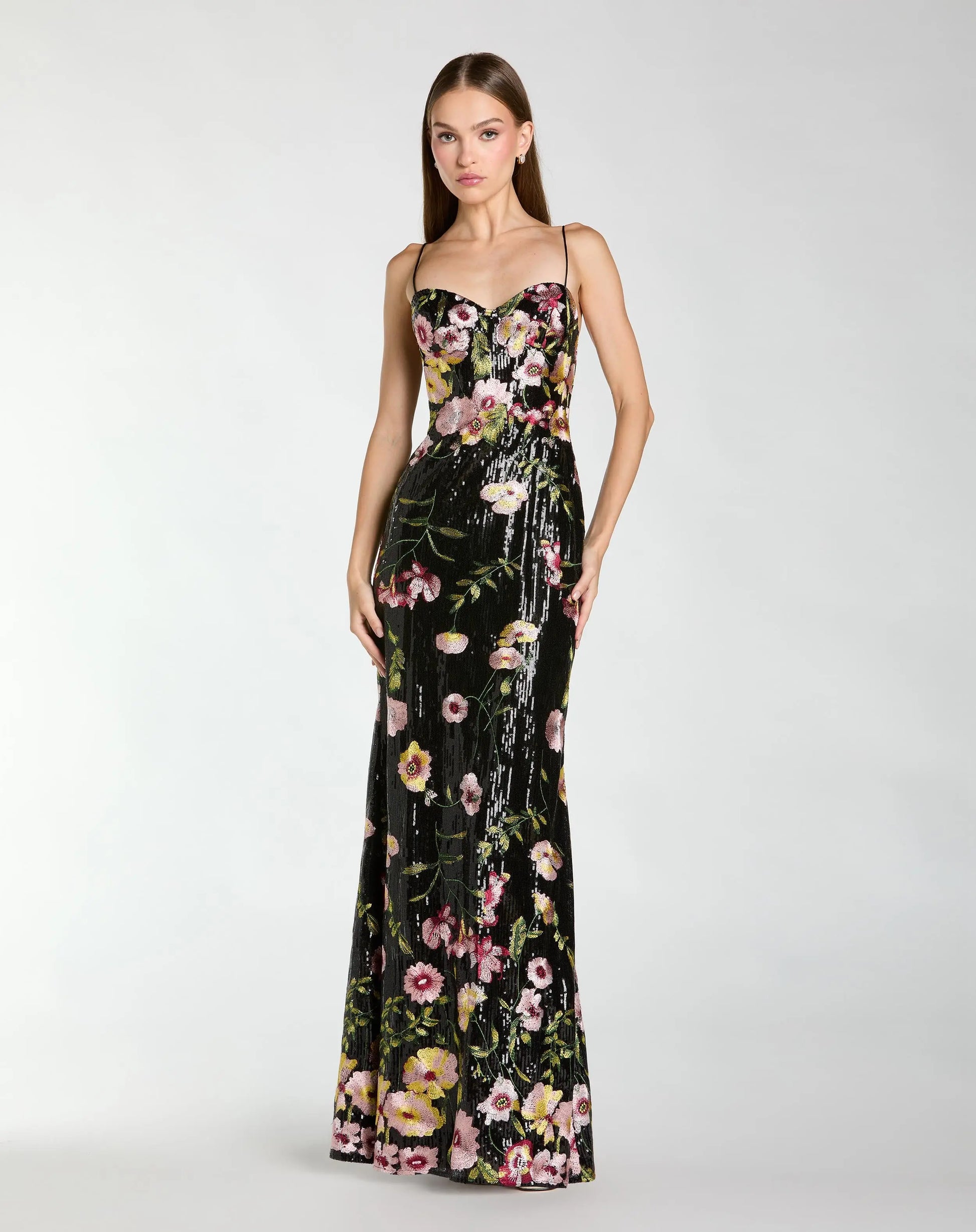 Black Sleeveless Bustier Floral Applique Gown | Mac Duggal Black Sleeveless Bustier Floral Applique Gown | Mac Duggal