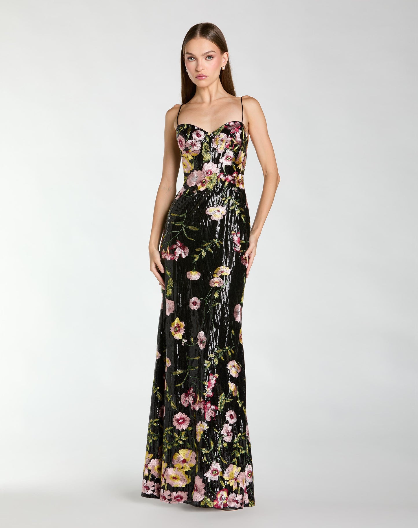 Black Sleeveless Bustier Floral Applique Gown Mac Duggal