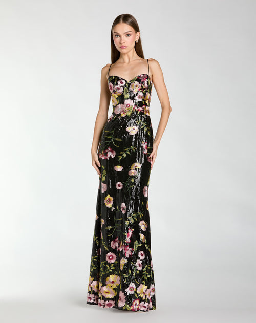 Black Sleeveless Bustier Floral Applique Gown Mac Duggal