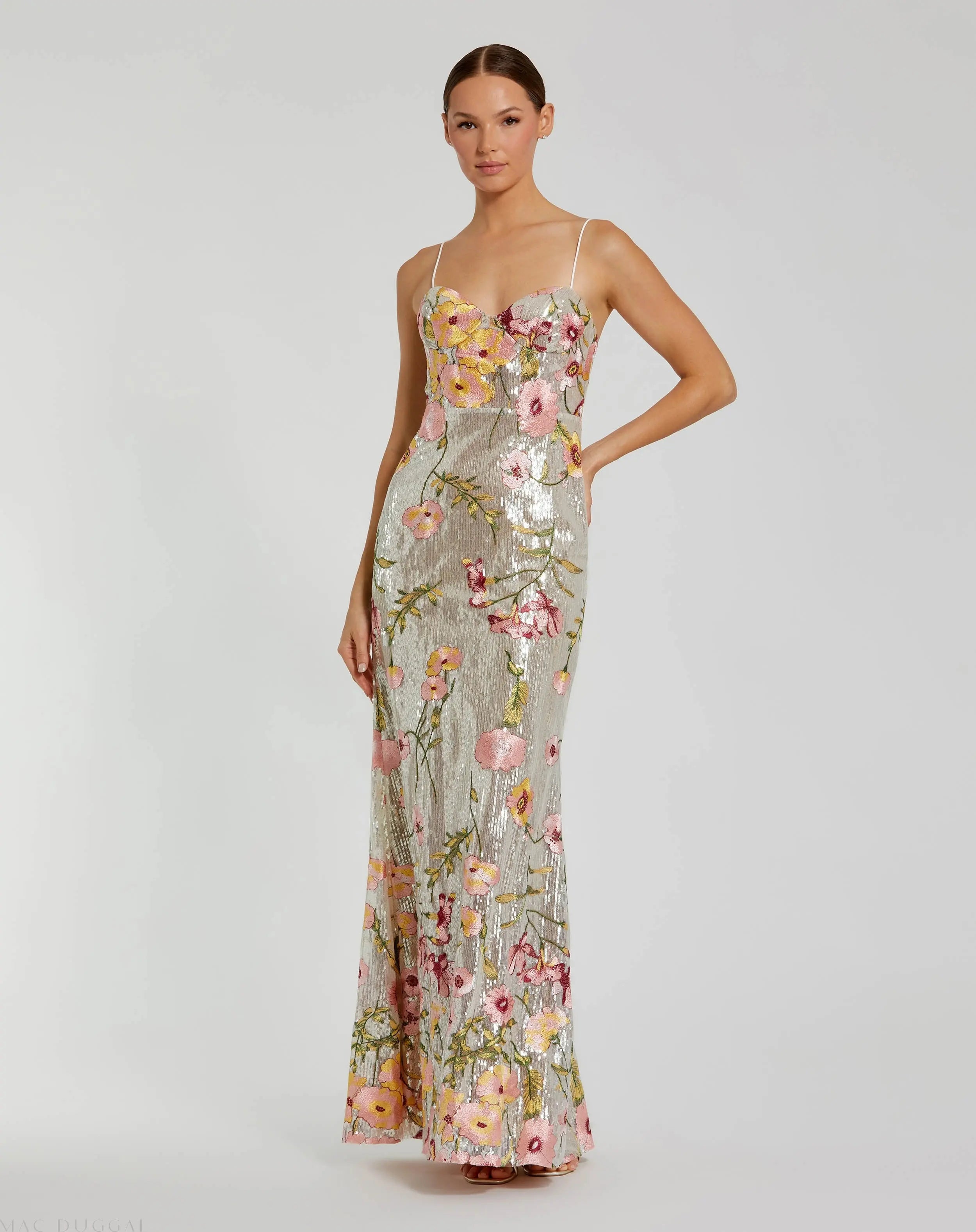 Silver Sleeveless Bustier Floral Applique Gown - Mac Duggal