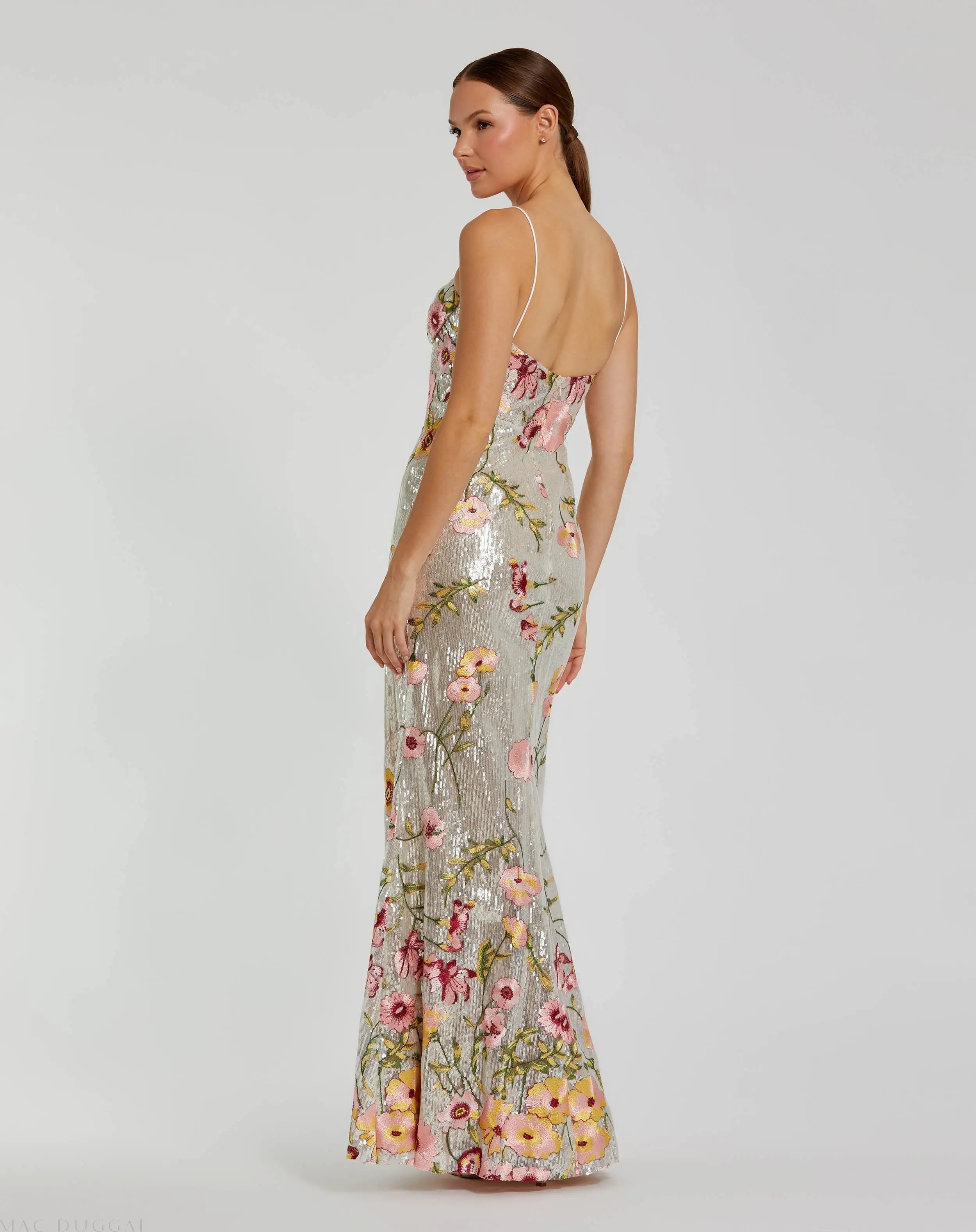 Silver Sleeveless Bustier Floral Applique Gown - Mac Duggal