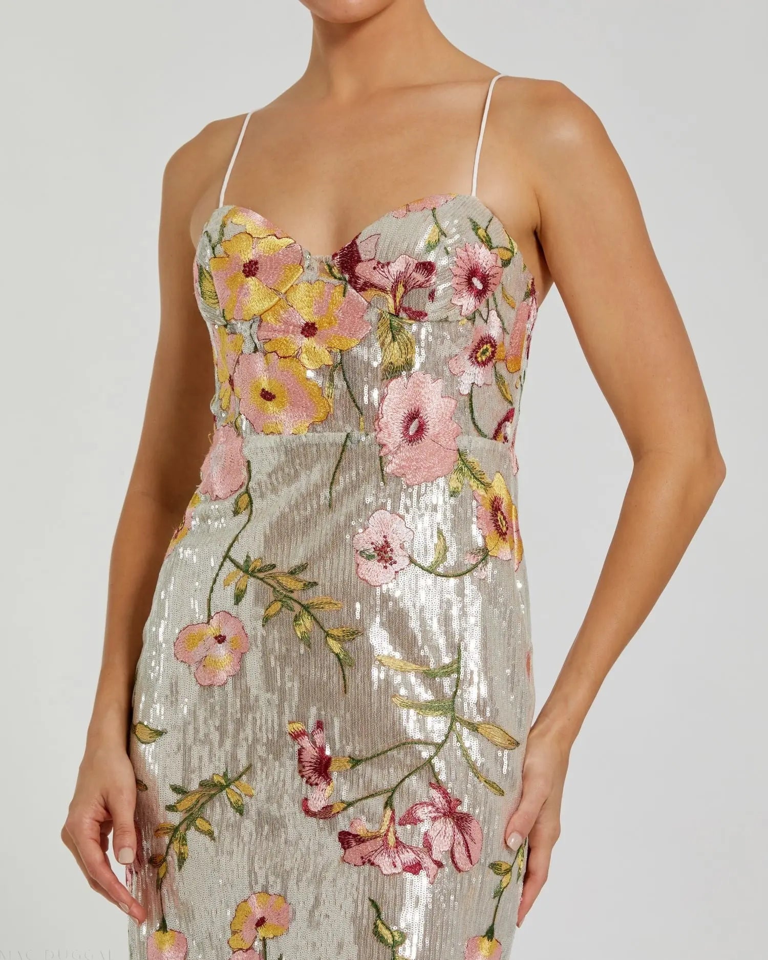 Silver Sleeveless Bustier Floral Applique Gown - Mac Duggal