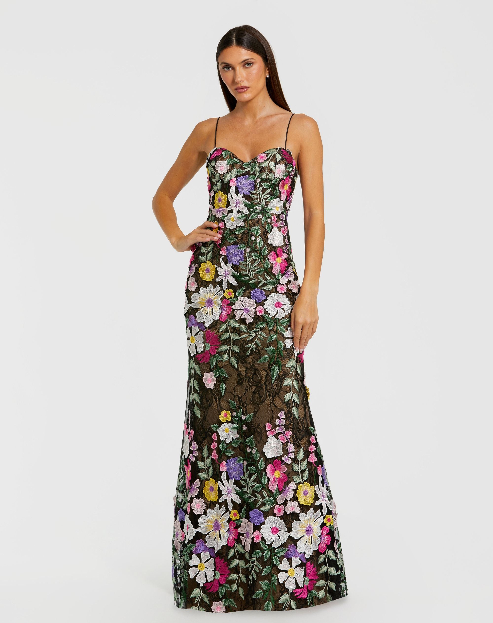 Black Floral Embroidered Sleeveless Bustier Gown - Mac Duggal
