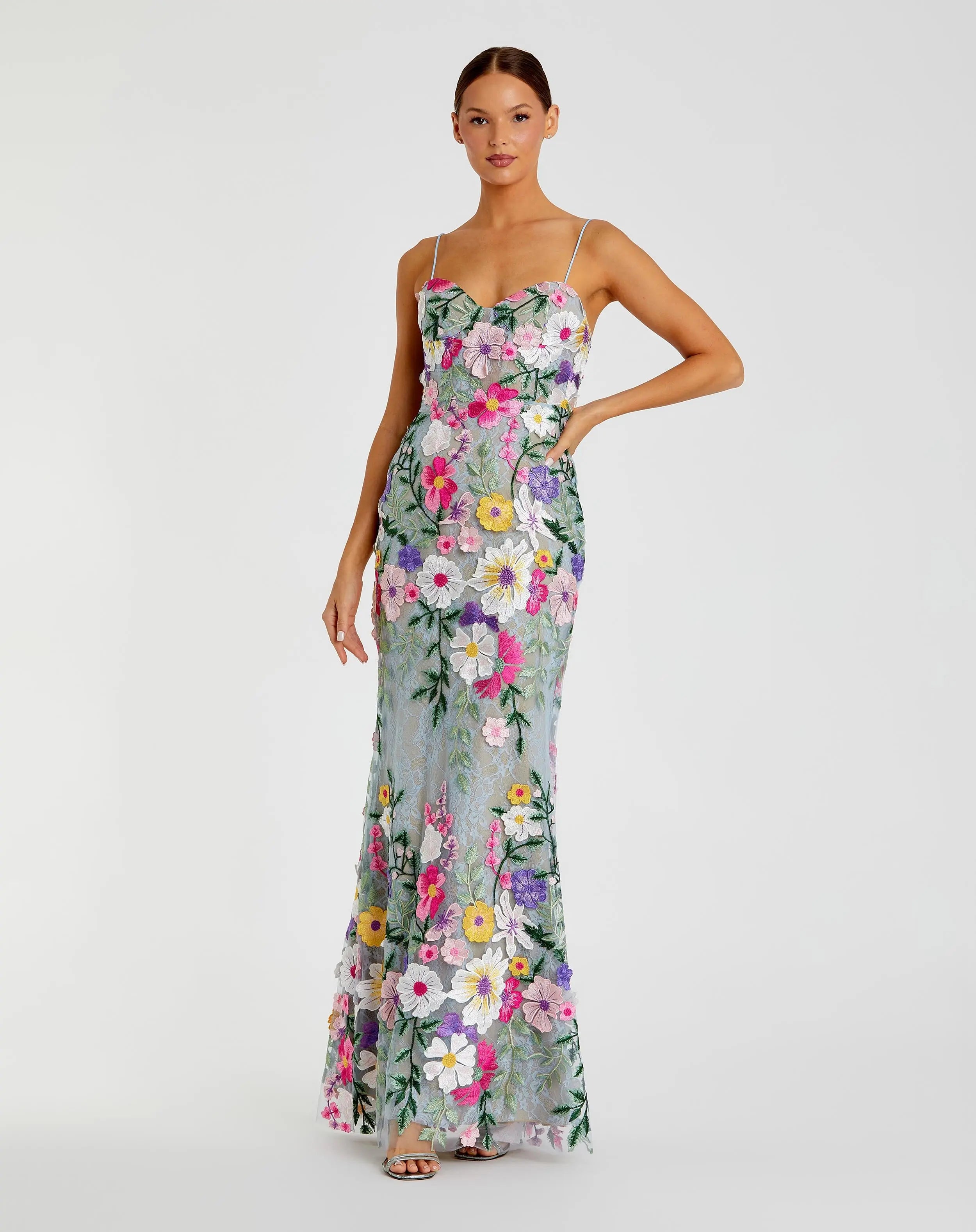 Green Floral Embroidered Sleeveless Bustier Gown - Mac Duggal
