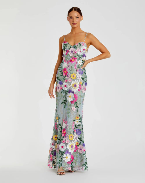 Petite Green Floral Embroidered Sleeveless Bustier Gown - Mac Duggal