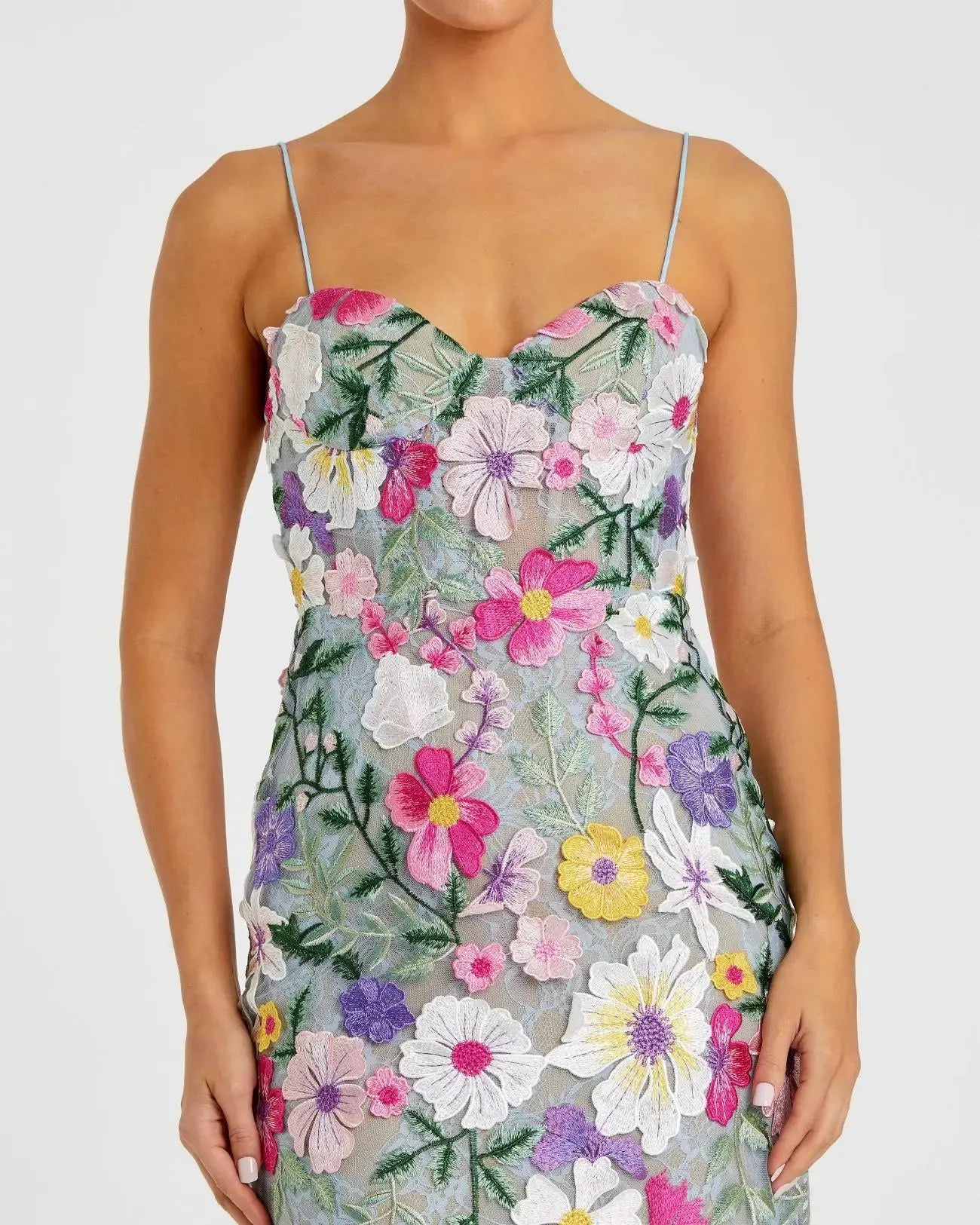 Petite Green Floral Embroidered Sleeveless Bustier Gown - Mac Duggal