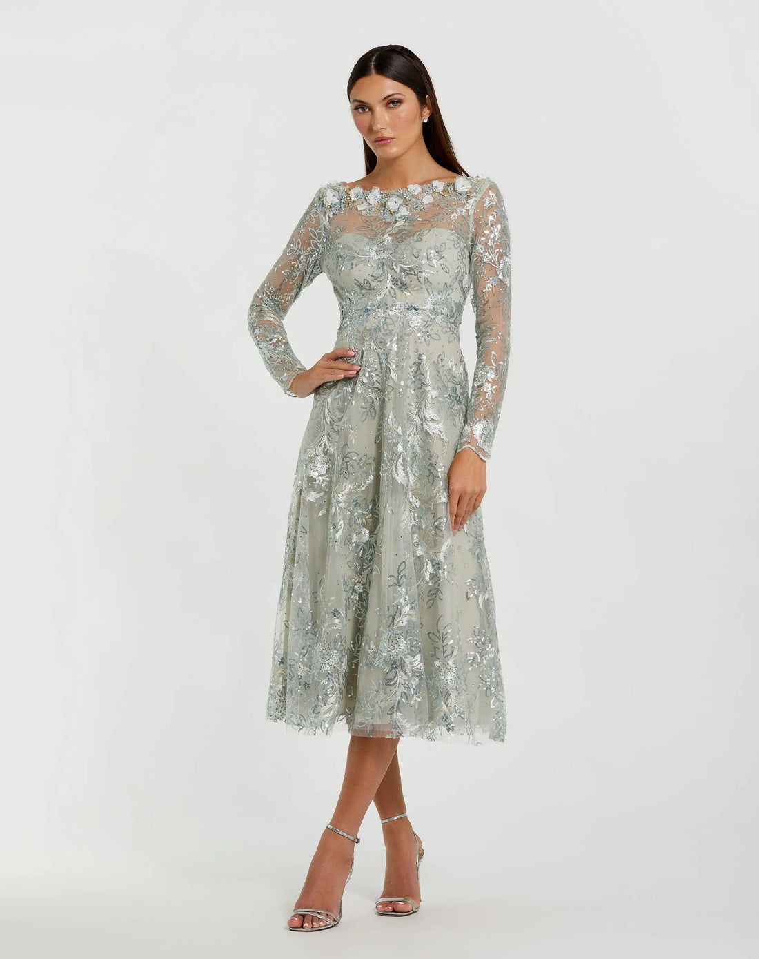 Blue Embellished Illusion Long Sleeve Midi Dress Mac Duggal