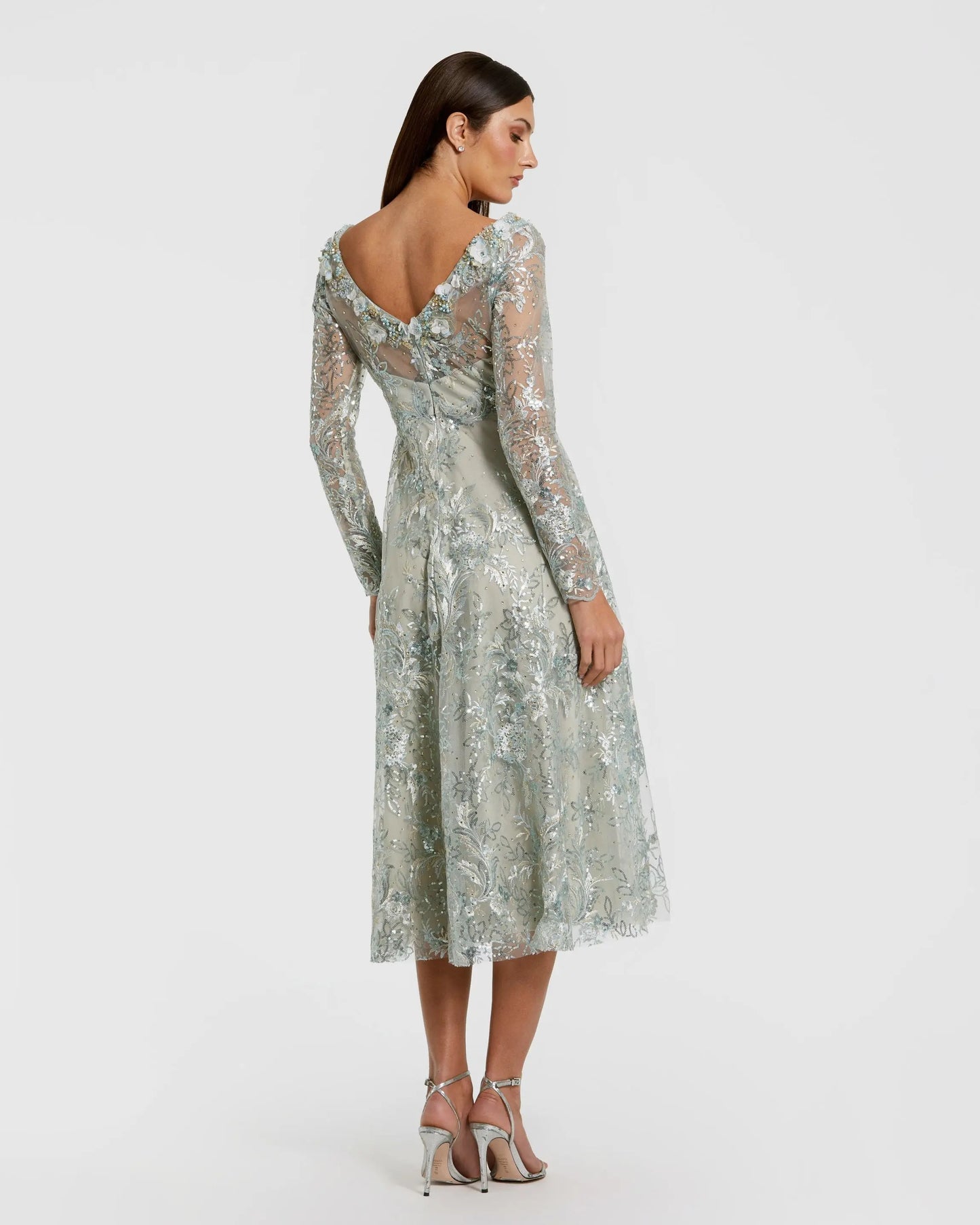 Blue Embellished Illusion Long Sleeve Midi Dress Mac Duggal