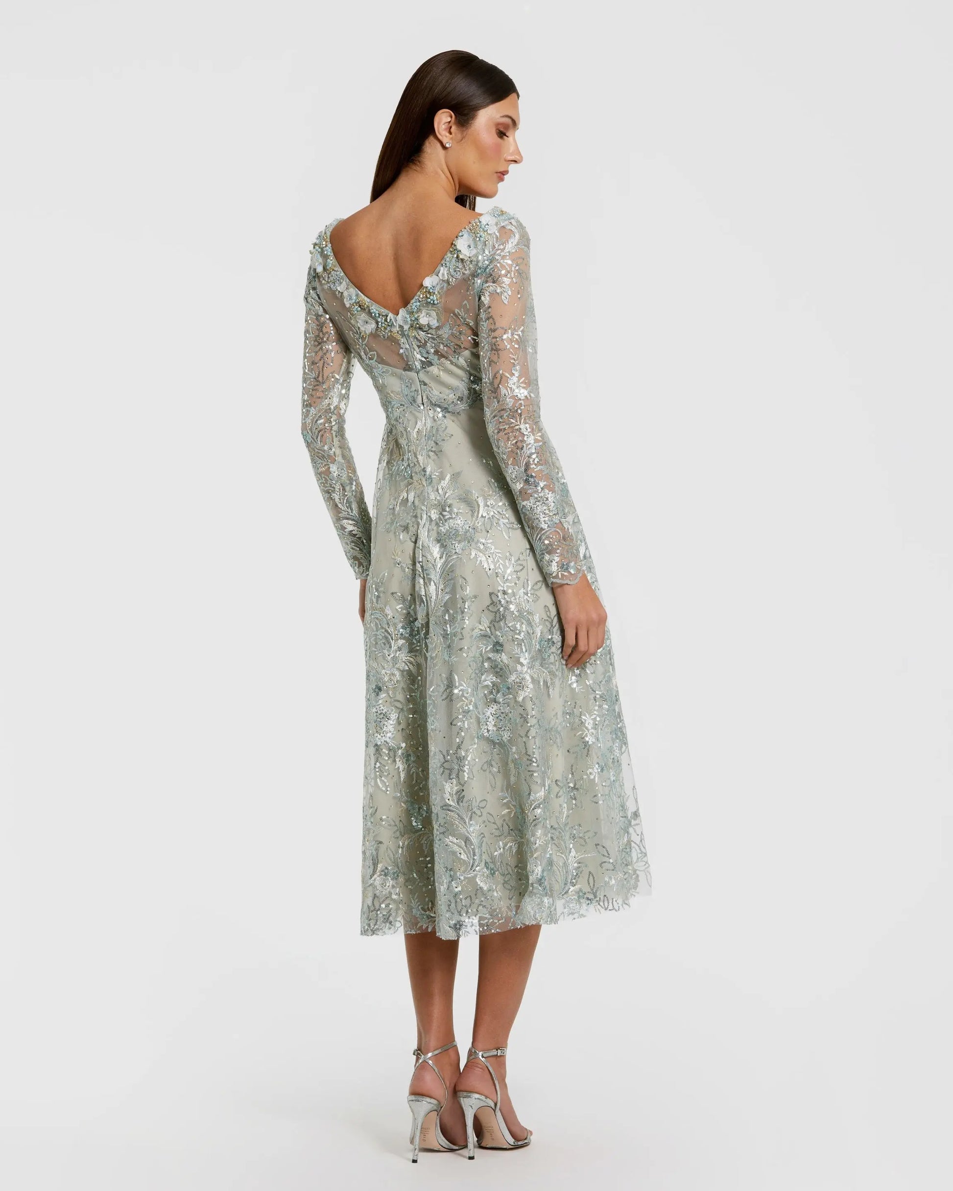 Blue Embellished Illusion Long Sleeve Midi Dress Mac Duggal