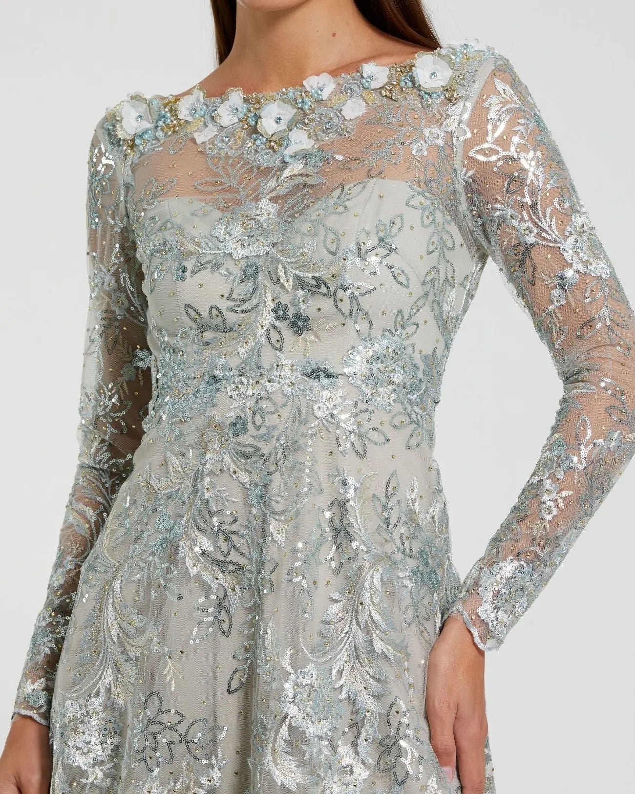 Blue Embellished Illusion Long Sleeve Midi Dress Mac Duggal