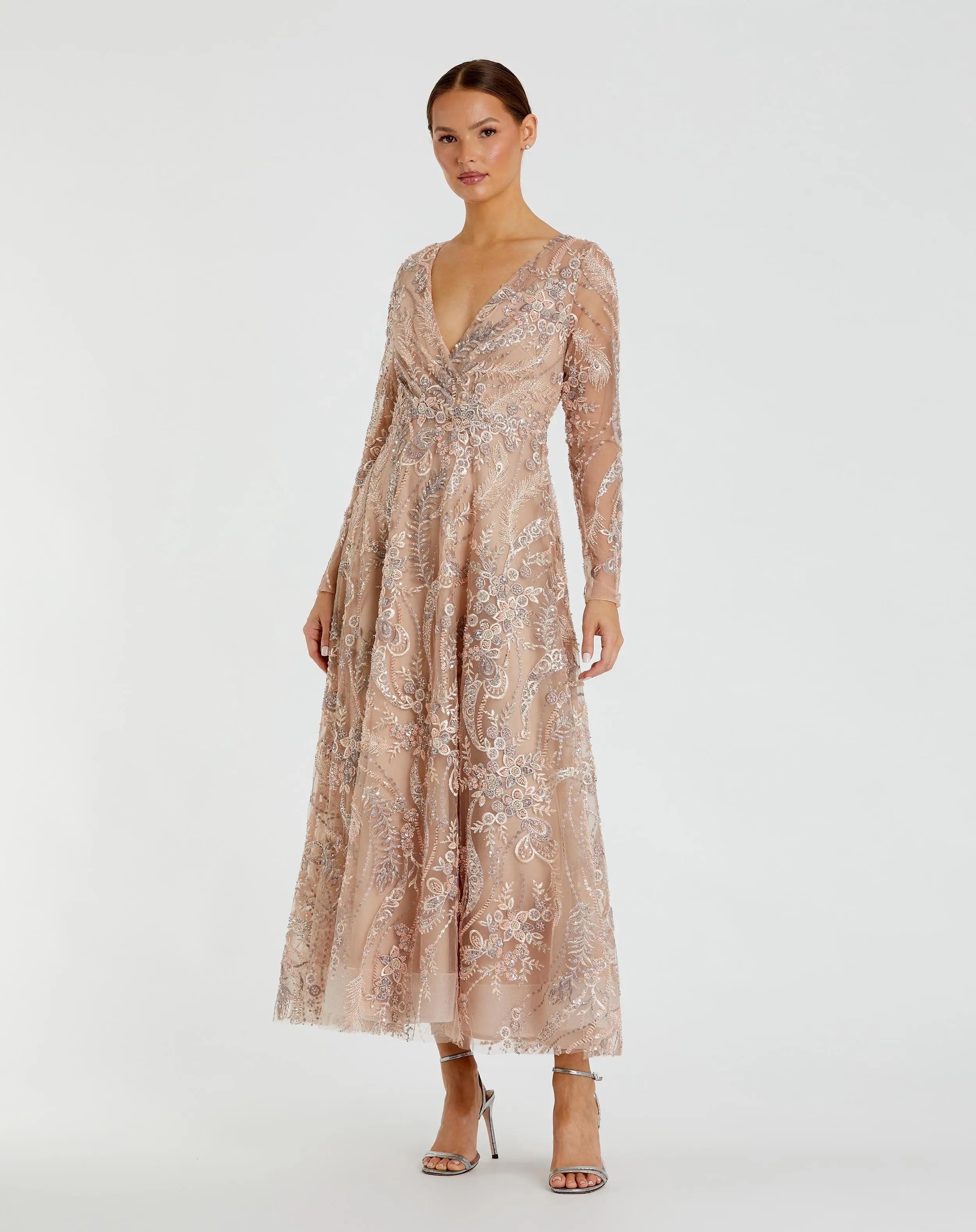 Beige Embroidered Long Sleeve V-Neck Midi Dress Mac Duggal