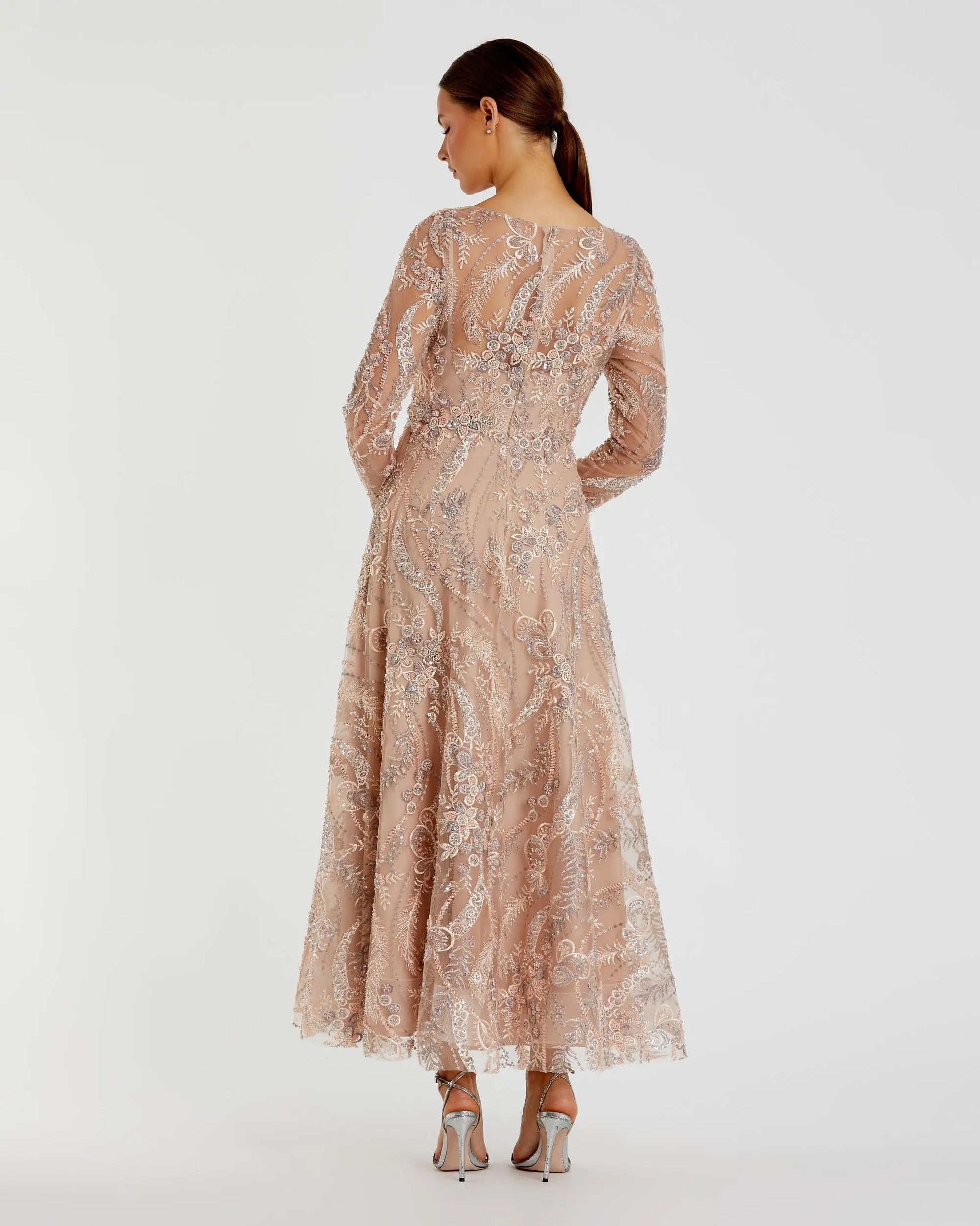 Beige Embroidered Long Sleeve V-Neck Midi Dress | Mac Duggal Beige Embroidered Long Sleeve V-Neck Midi Dress | Mac Duggal