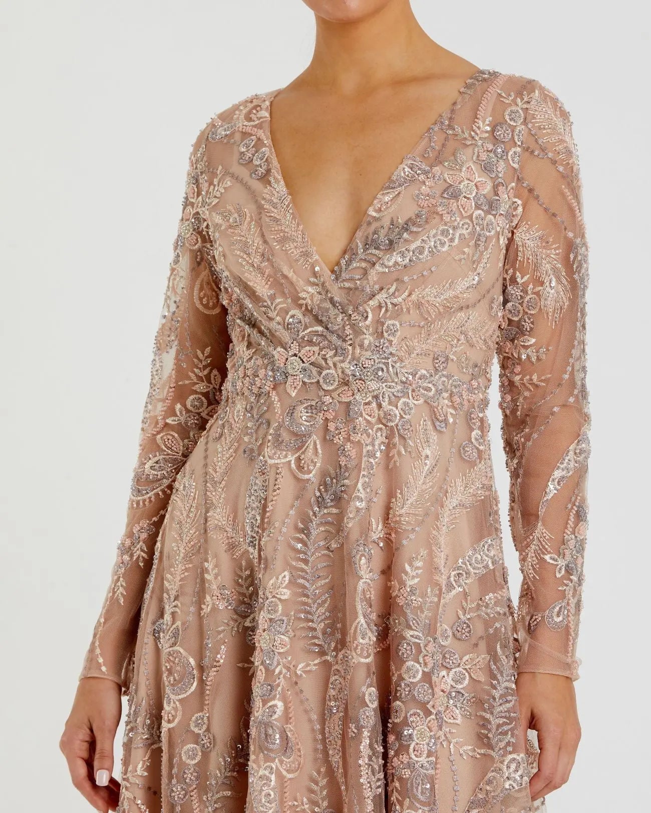 Beige Embroidered Long Sleeve V-Neck Midi Dress Mac Duggal