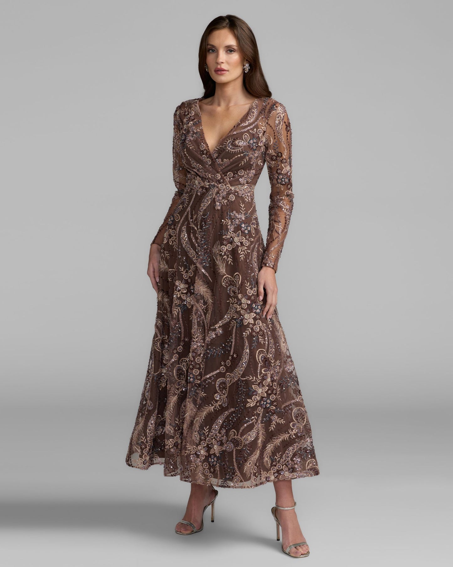 Brown Embroidered Long Sleeve V-Neck Midi Dress Mac Duggal
