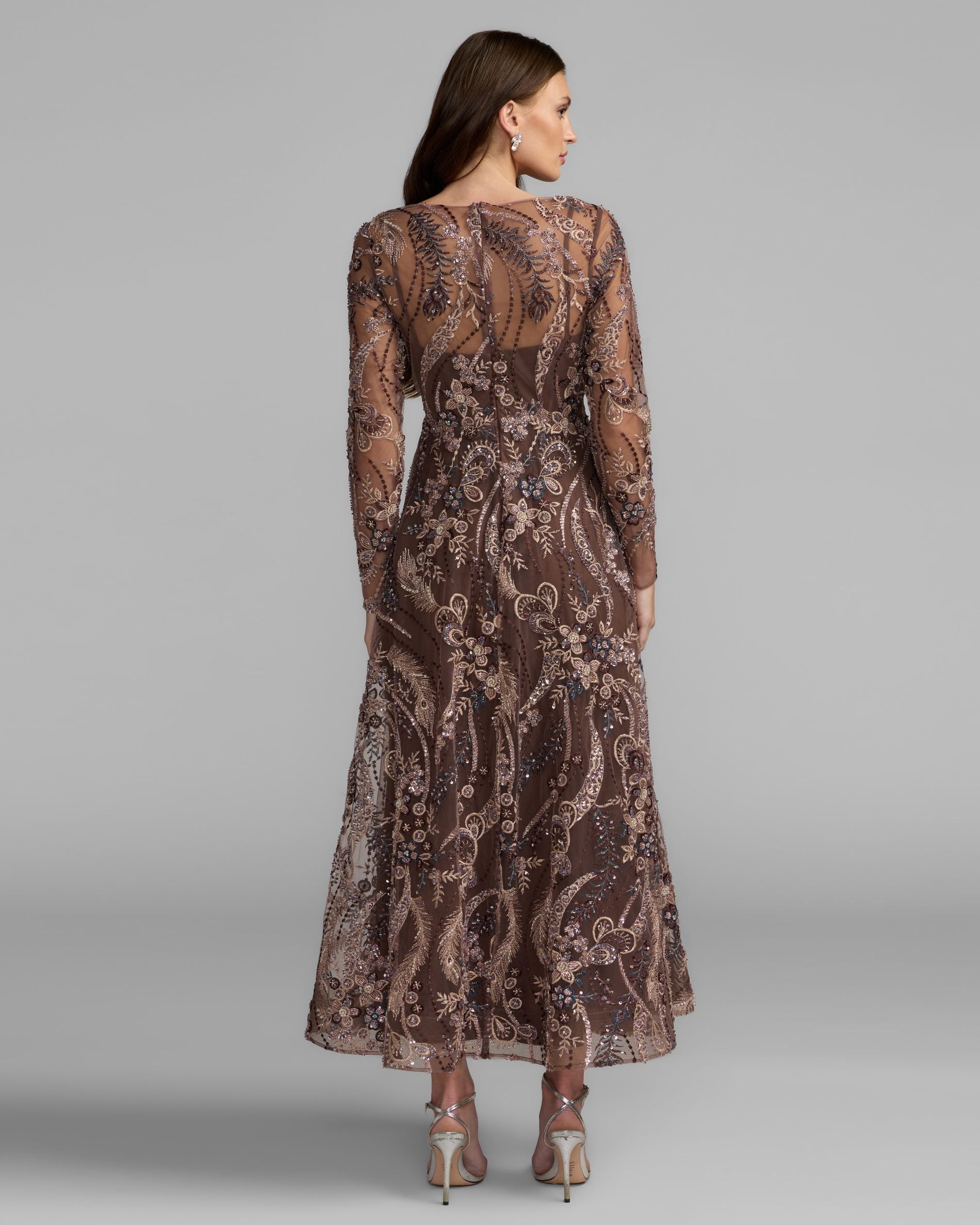 Brown Embroidered Long Sleeve V-Neck Midi Dress Mac Duggal