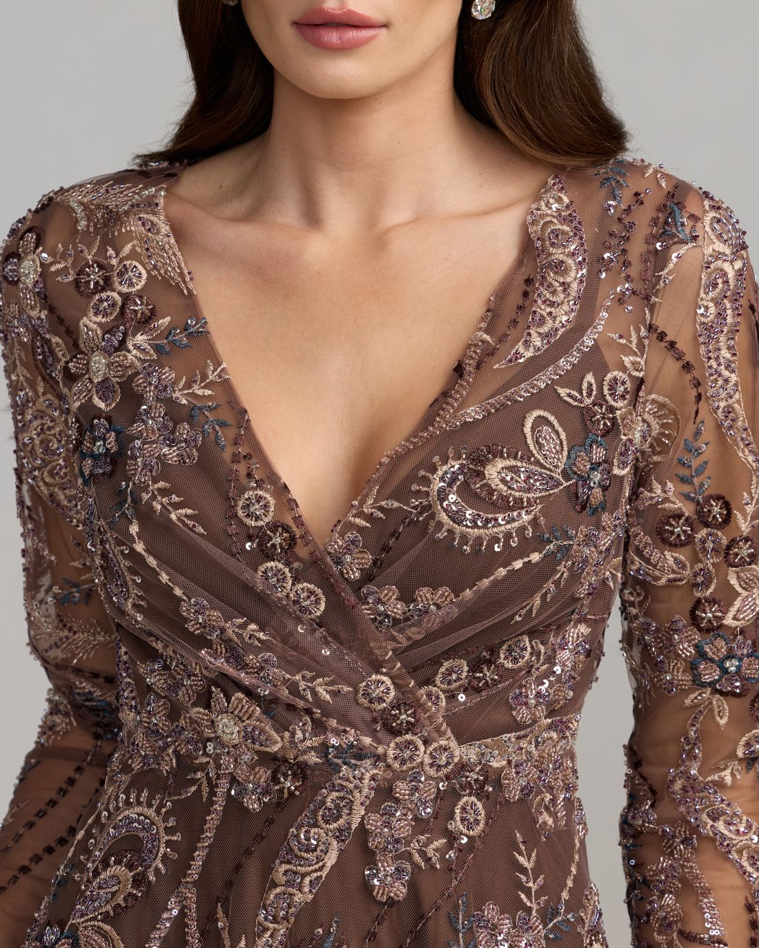 Brown Embroidered Long Sleeve V-Neck Midi Dress Mac Duggal