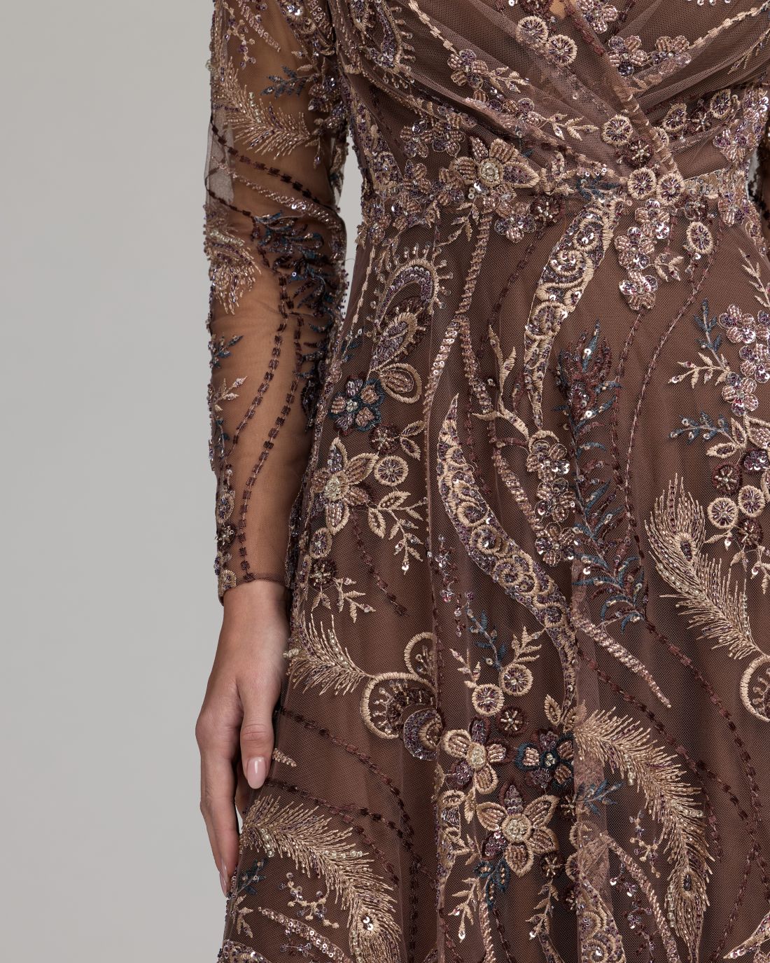 Brown Embroidered Long Sleeve V-Neck Midi Dress Mac Duggal