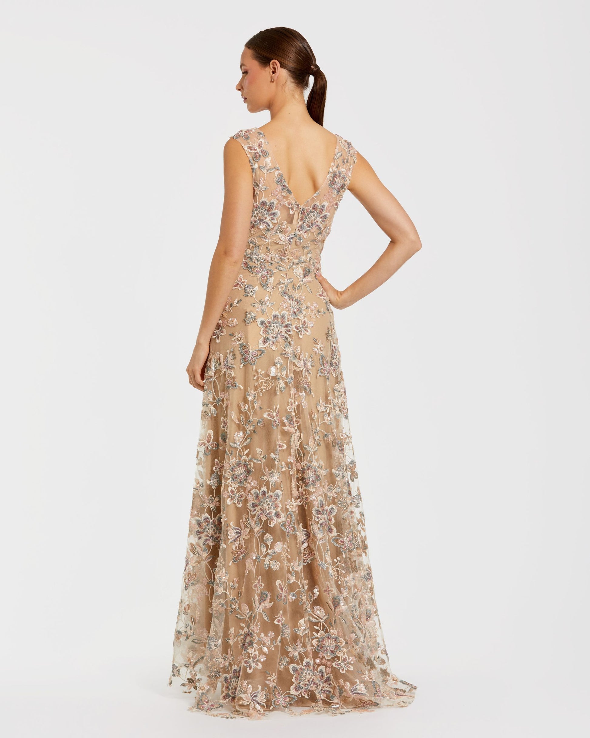 Beige Floral Embroidered Sleeveless V Neck Gown Mac Duggal