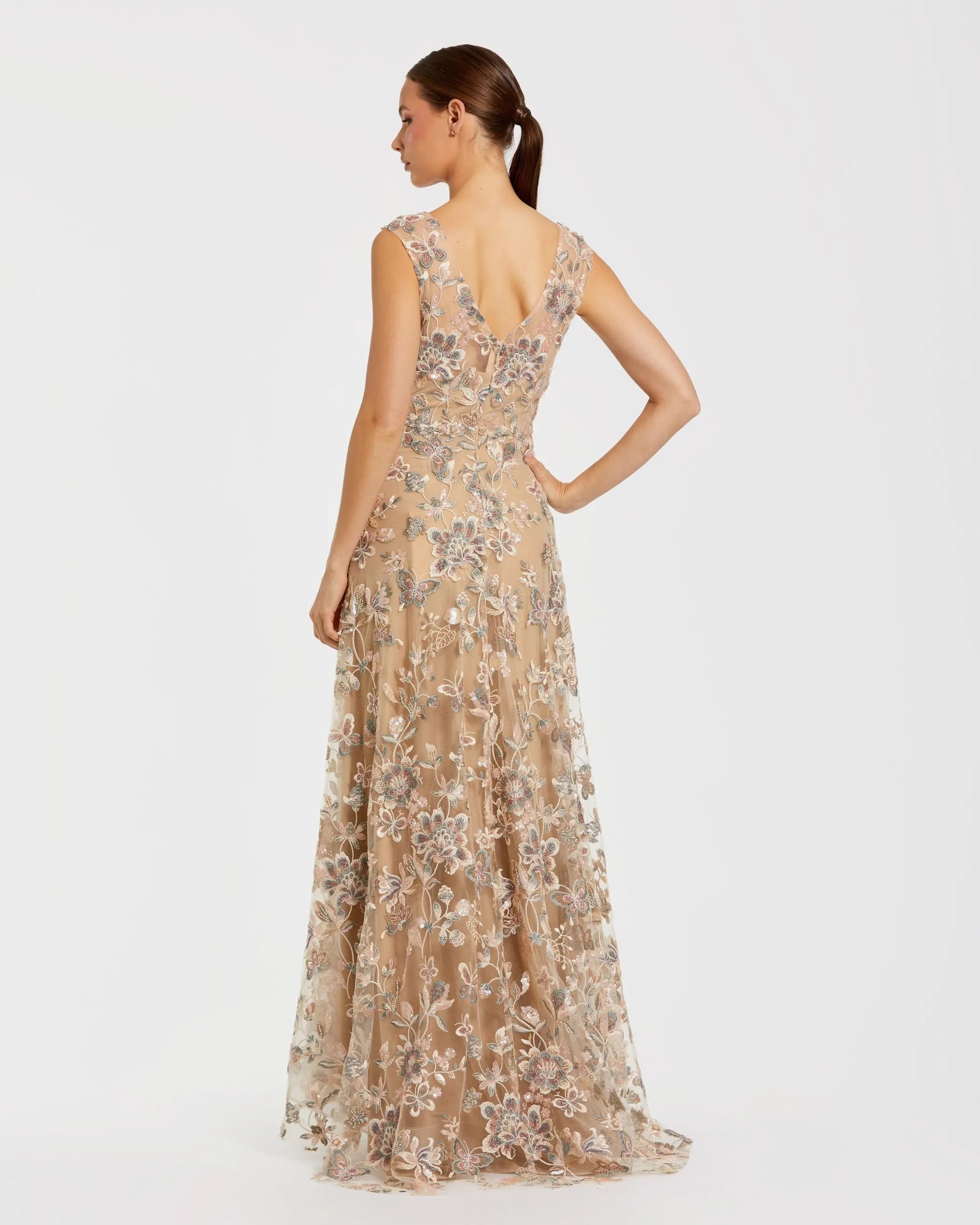 Beige Floral Embroidered Sleeveless V Neck Gown Mac Duggal
