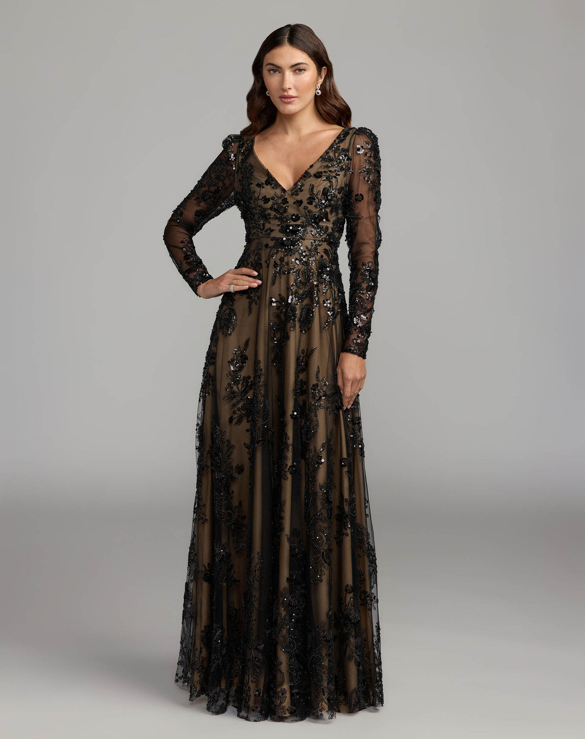 Black Embroidered Long Sleeve V-Neck Gown Mac Duggal