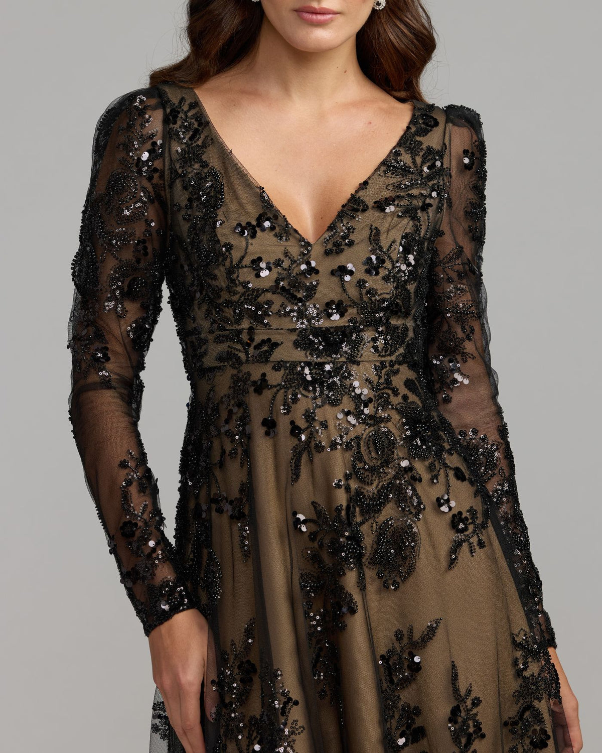 Black Embroidered Long Sleeve V-Neck Gown Mac Duggal