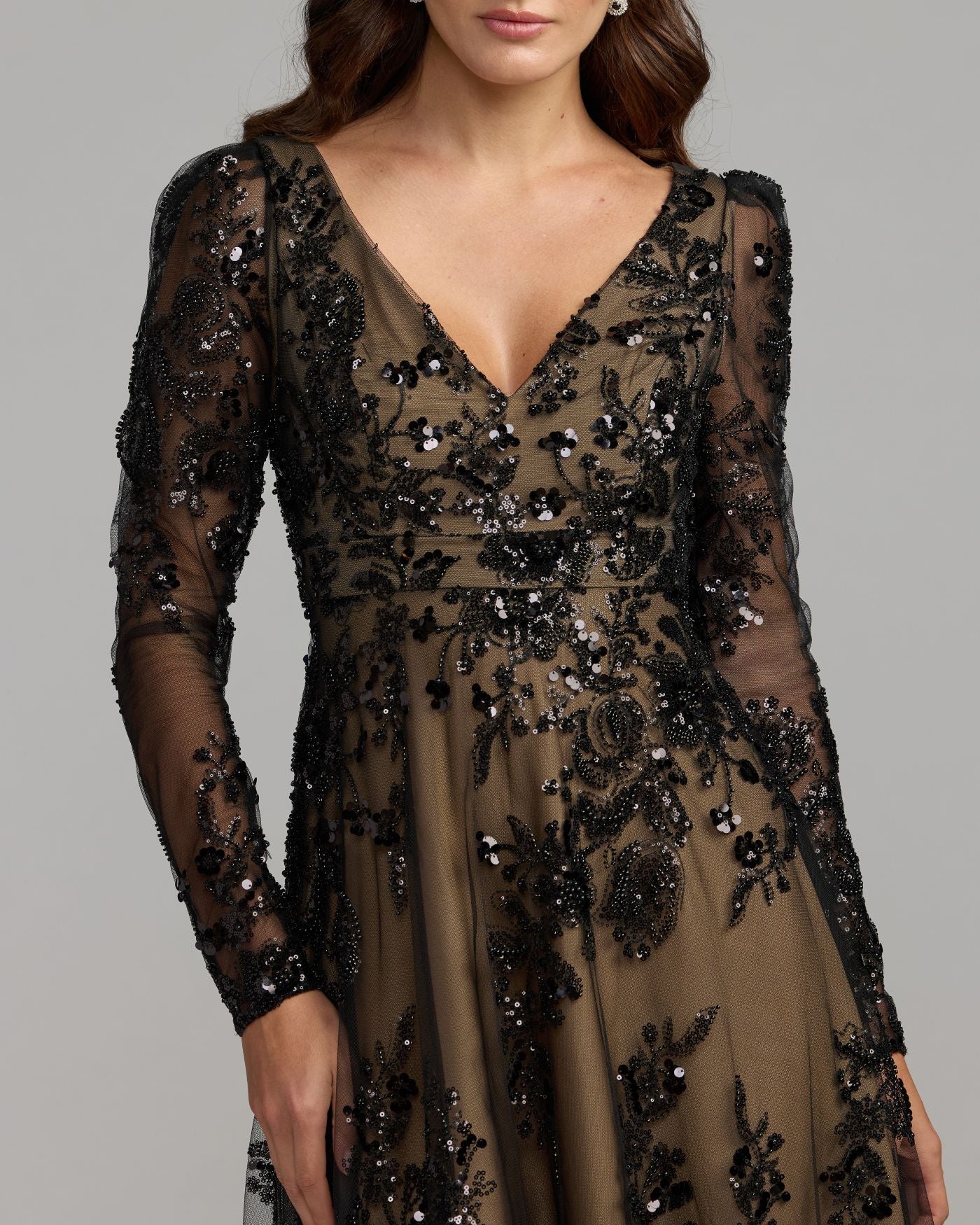 Black Embroidered Long Sleeve V-Neck Gown Mac Duggal