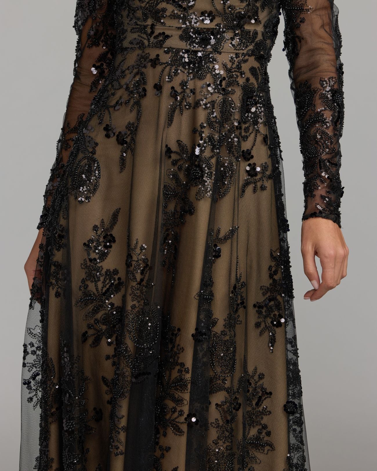 Black Embroidered Long Sleeve V-Neck Gown Mac Duggal