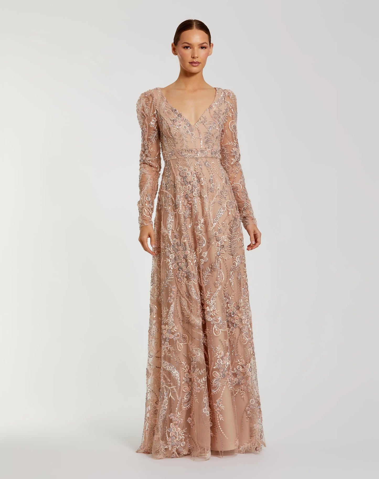 Beige Embroidered Long Sleeve V Neck Gown Mac Duggal