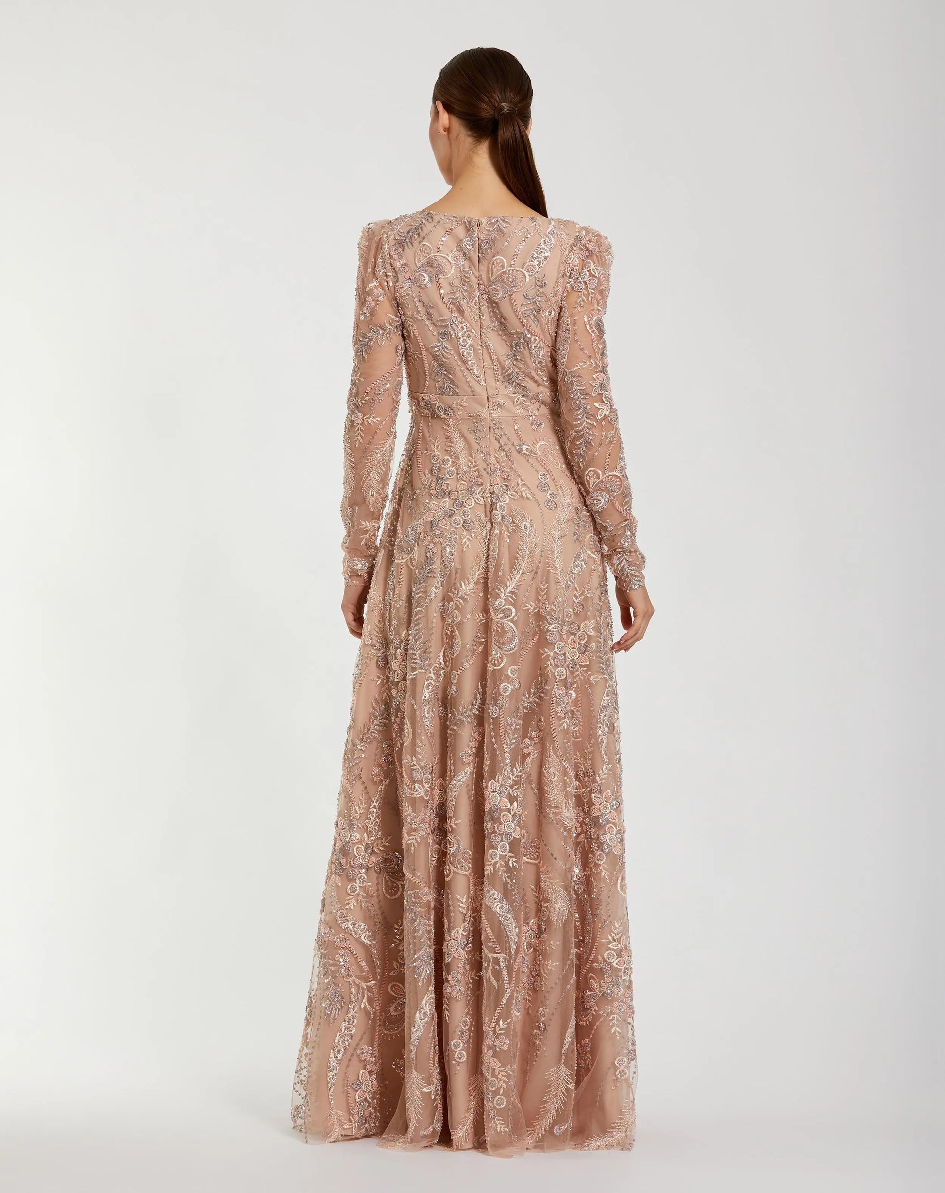 Beige Embroidered Long Sleeve V-Neck Gown