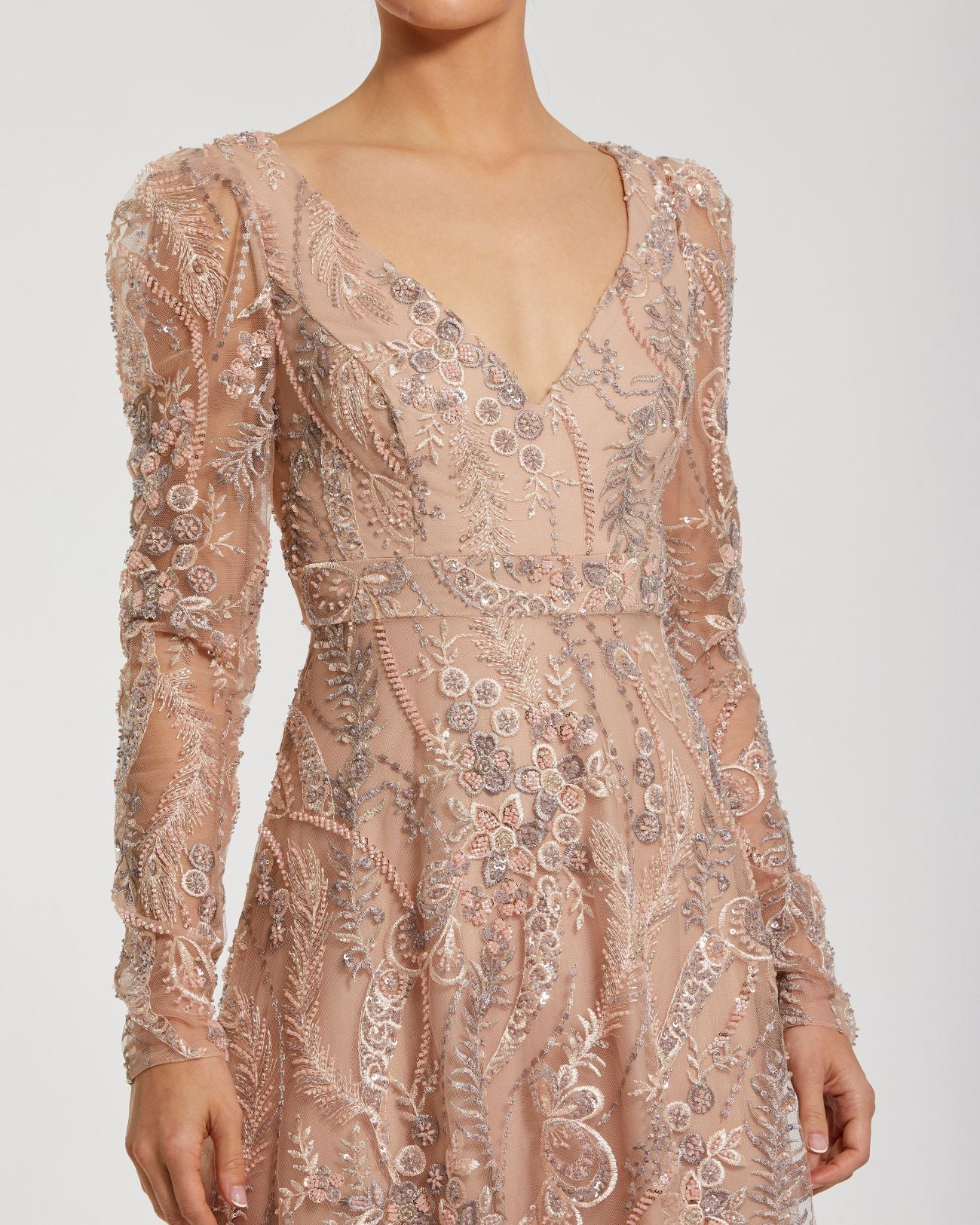 Beige Embroidered Long Sleeve V Neck Gown Mac Duggal