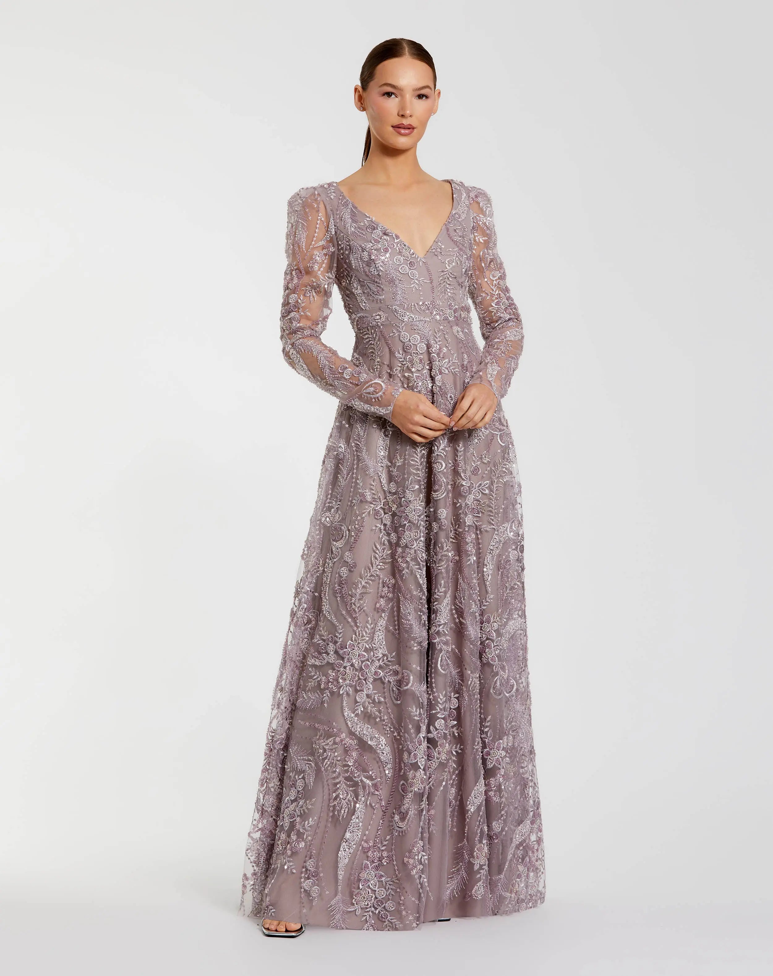 Mac Duggal Women's Floral Embroidered High Neck Long Sleeve Dress - Purple - Size 14 - Mauve Mac Duggal Women's Floral Embroidered High Neck Long Sleeve Dress - Purple - Size 14 - Mauve