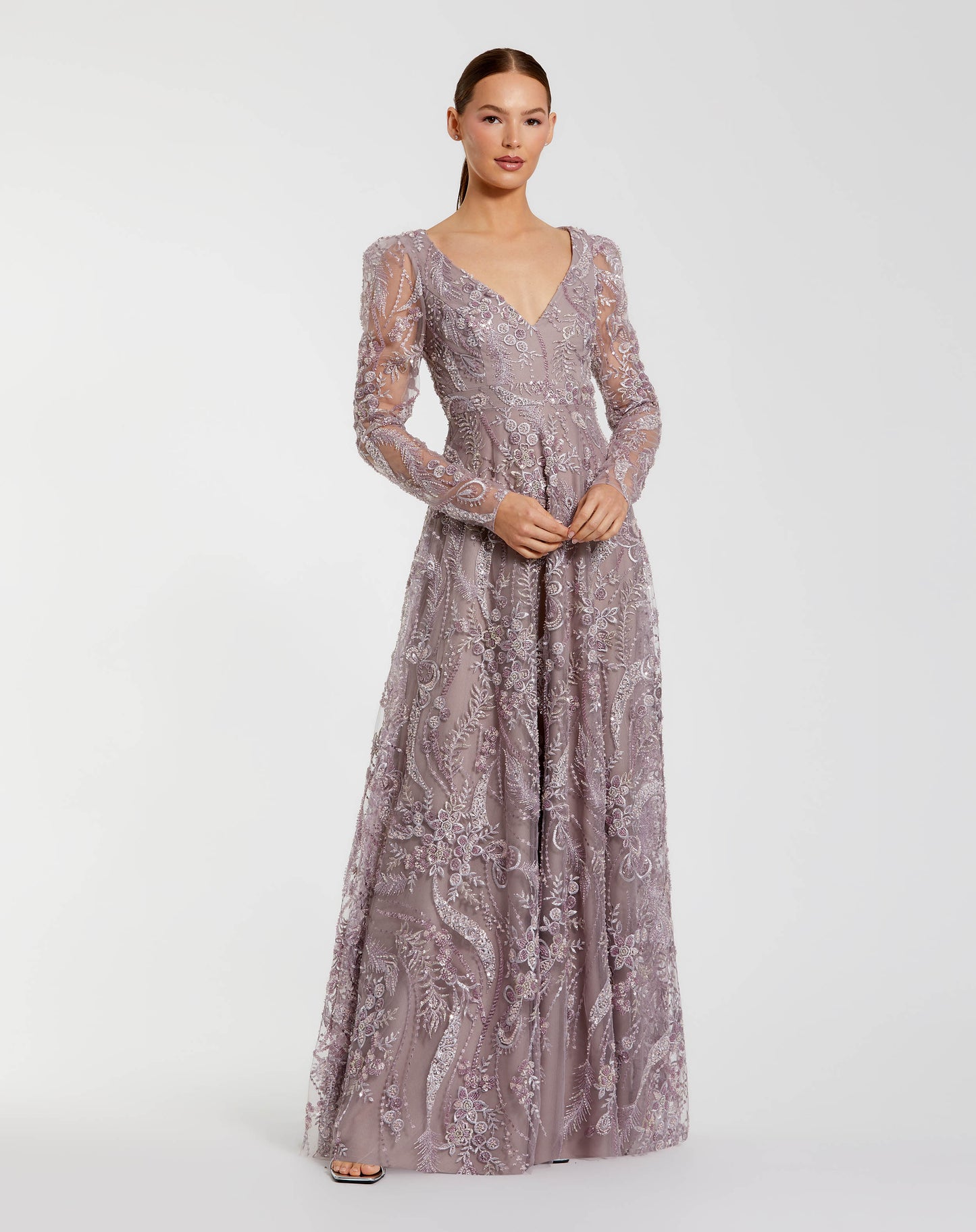 Purple Embroidered Long Sleeve V Neck Gown - Mac Duggal