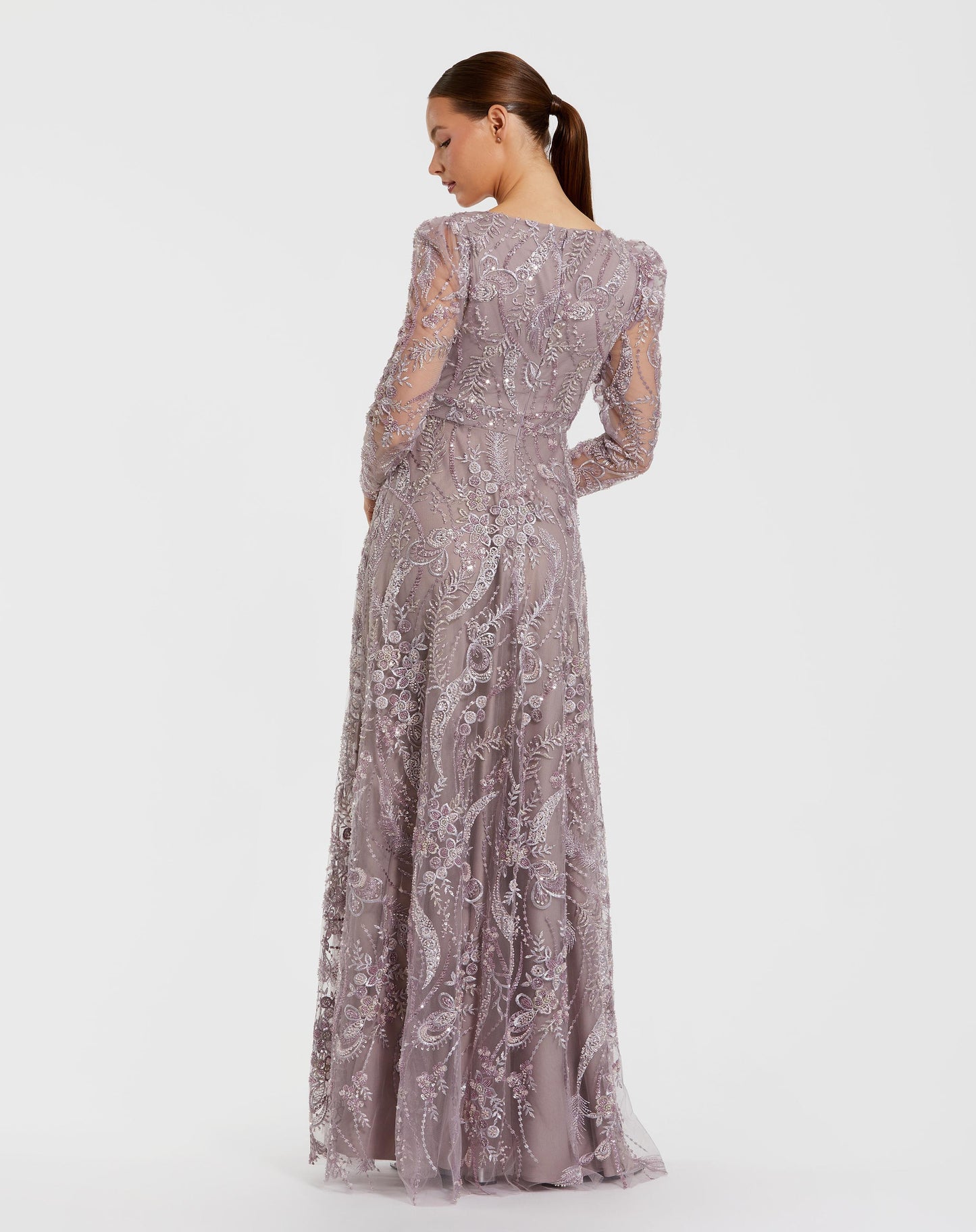 Purple Embroidered Long Sleeve V Neck Gown - Mac Duggal