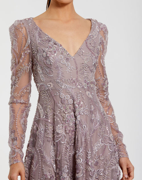 Purple Embroidered Long Sleeve V Neck Gown - Mac Duggal
