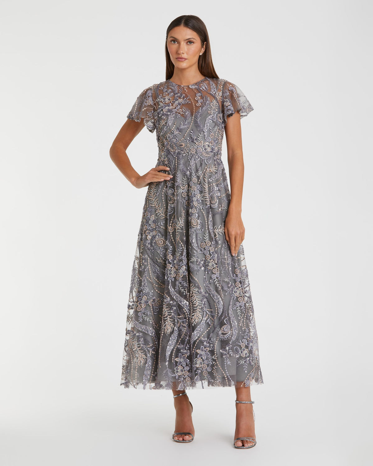 Charcoal Embroidered Flutter Sleeve Midi Dress Mac Duggal