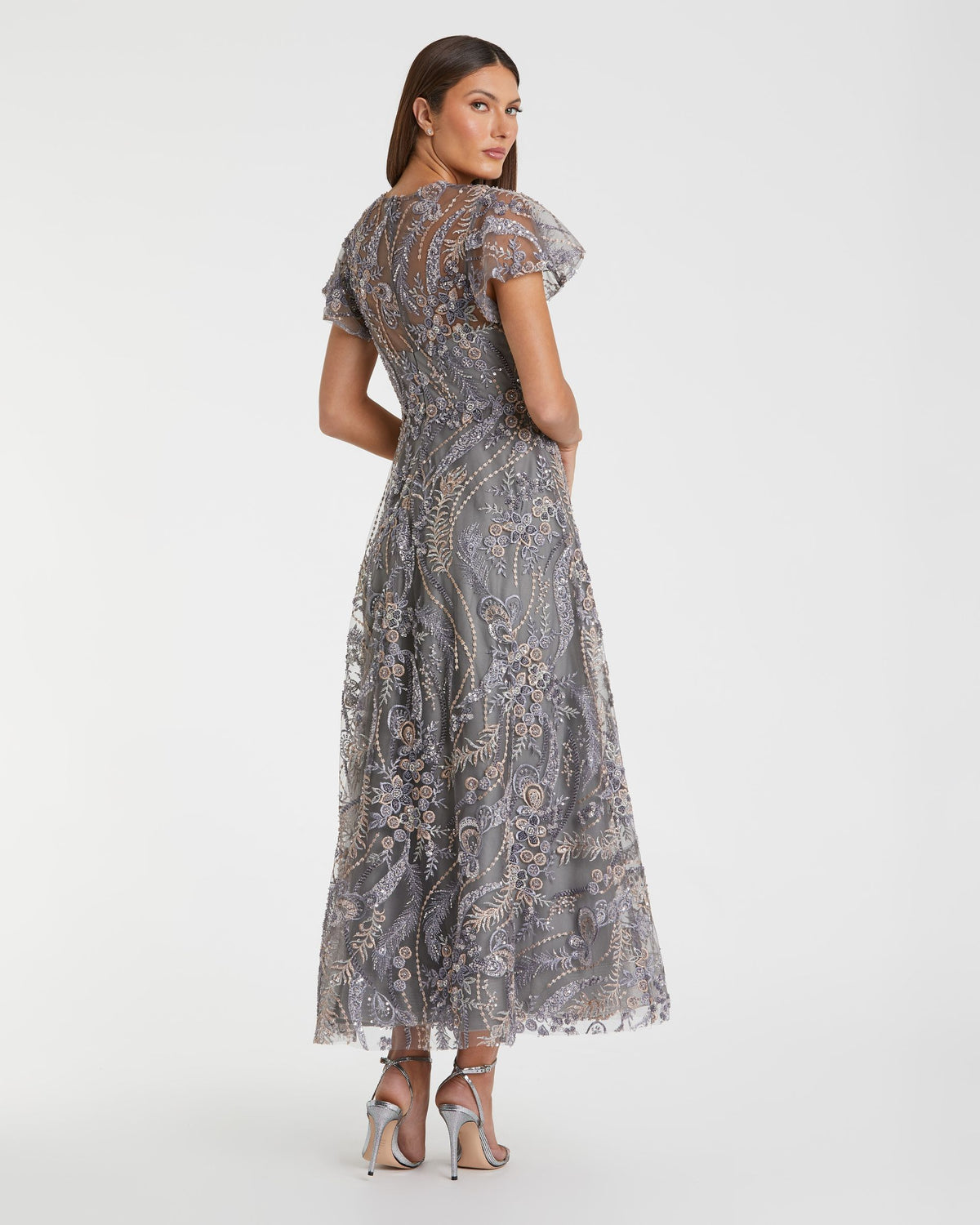 Charcoal Embroidered Flutter Sleeve Midi Dress Mac Duggal
