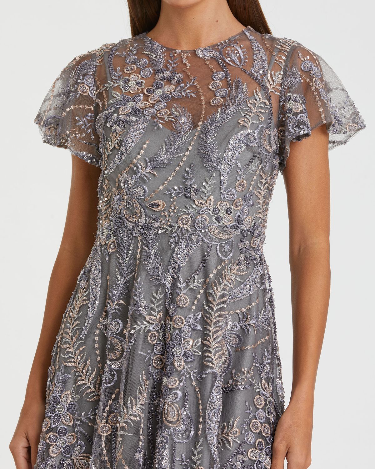 Charcoal Embroidered Flutter Sleeve Midi Dress Mac Duggal