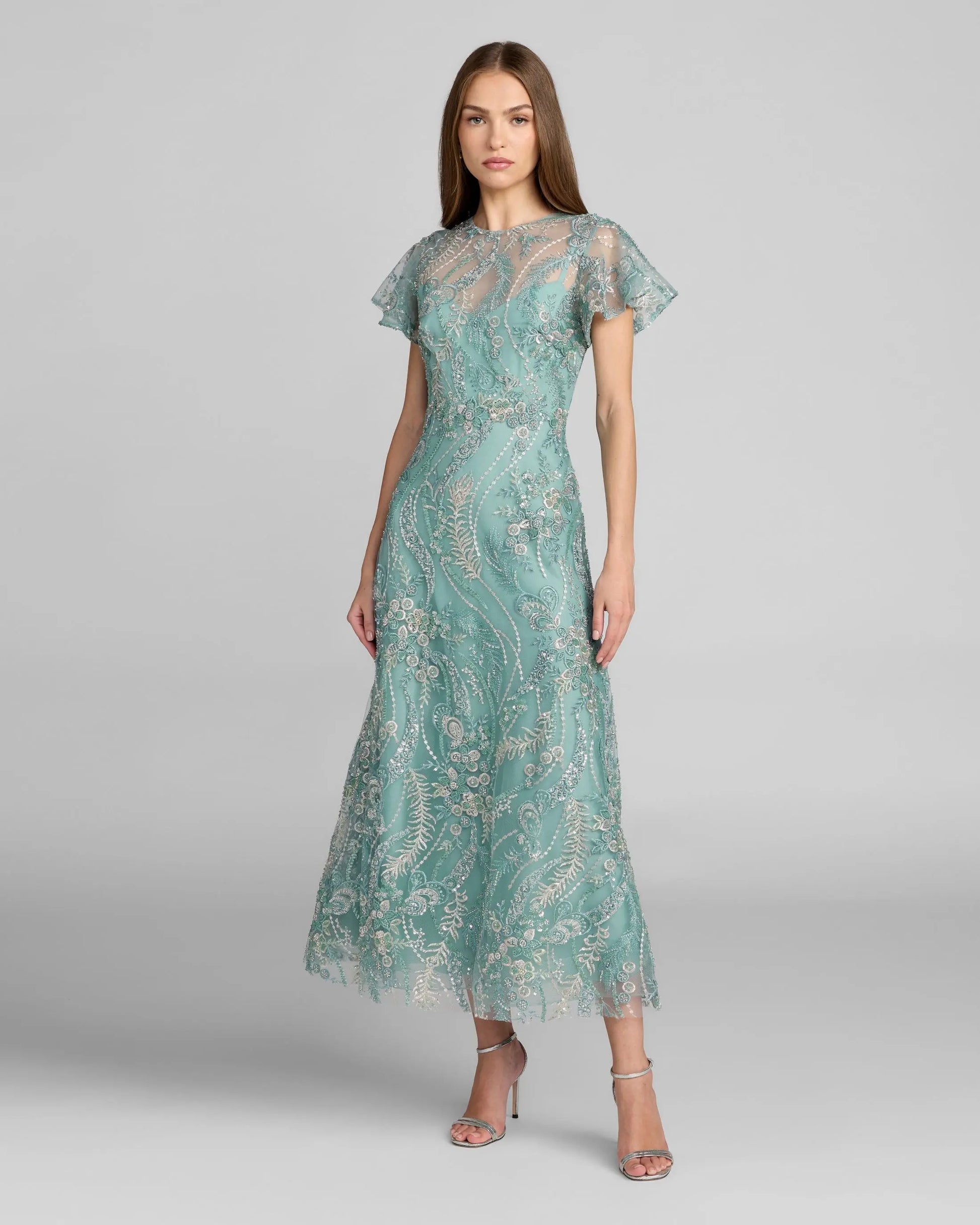 Blue Embroidered Flutter Sleeve Midi Dress Mac Duggal