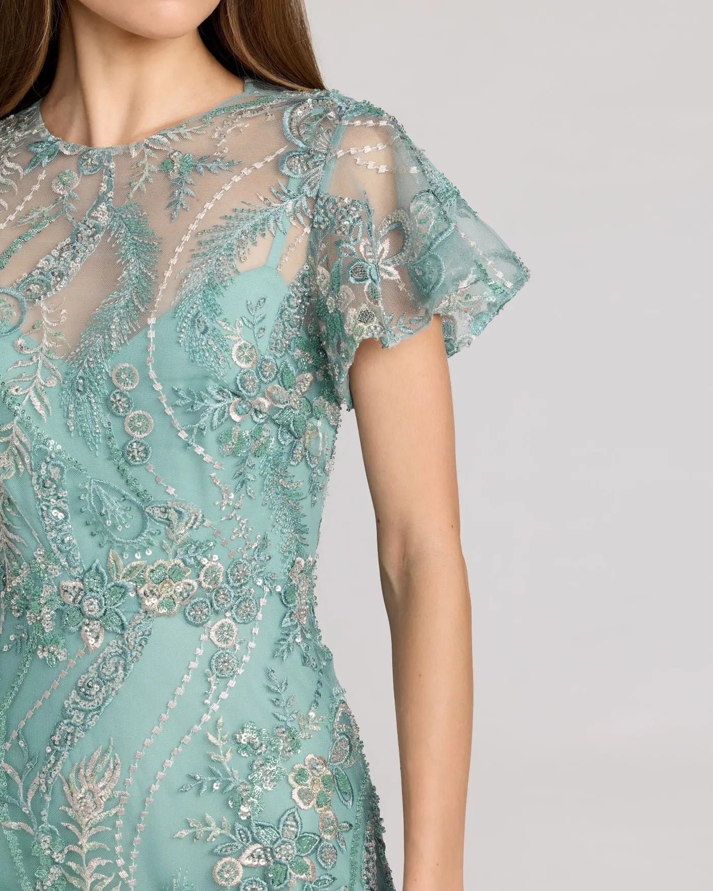 Blue Embroidered Flutter Sleeve Midi Dress Mac Duggal