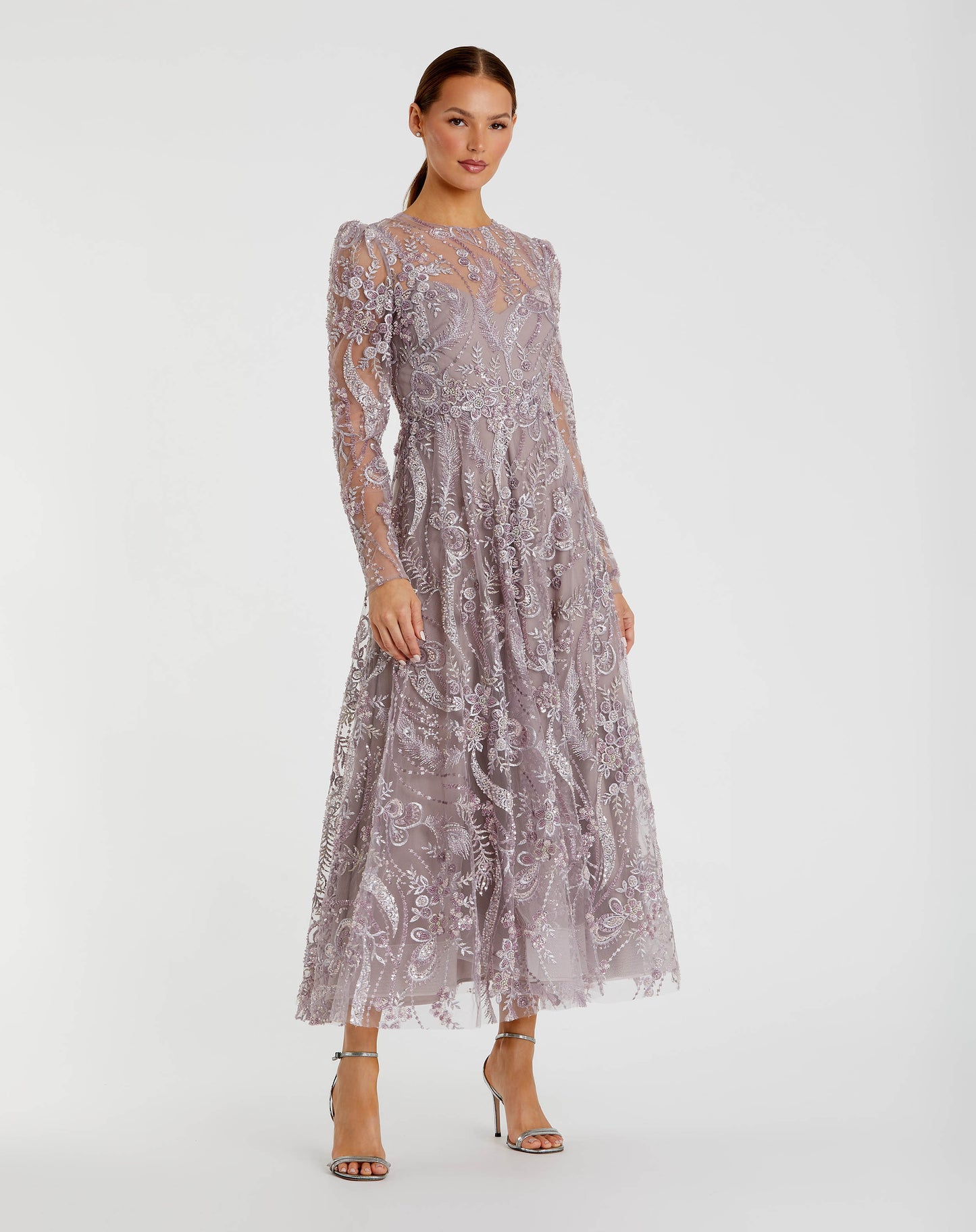 Purple Floral Embroidered  High Neck Long Sleeve Dress - Mac Duggal