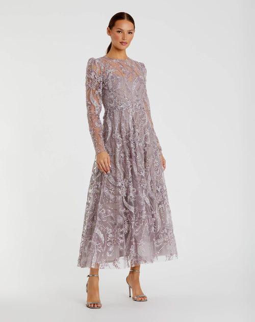 Purple Floral Embroidered  High Neck Long Sleeve Dress - Mac Duggal