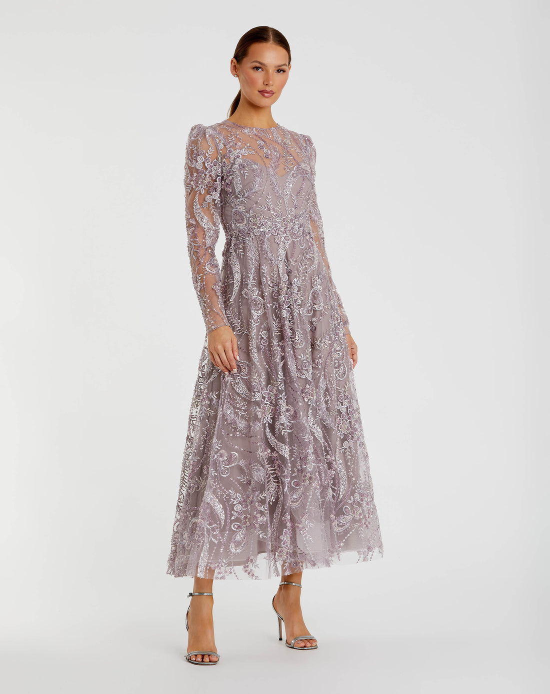 Purple Floral Embroidered  High Neck Long Sleeve Dress - Mac Duggal