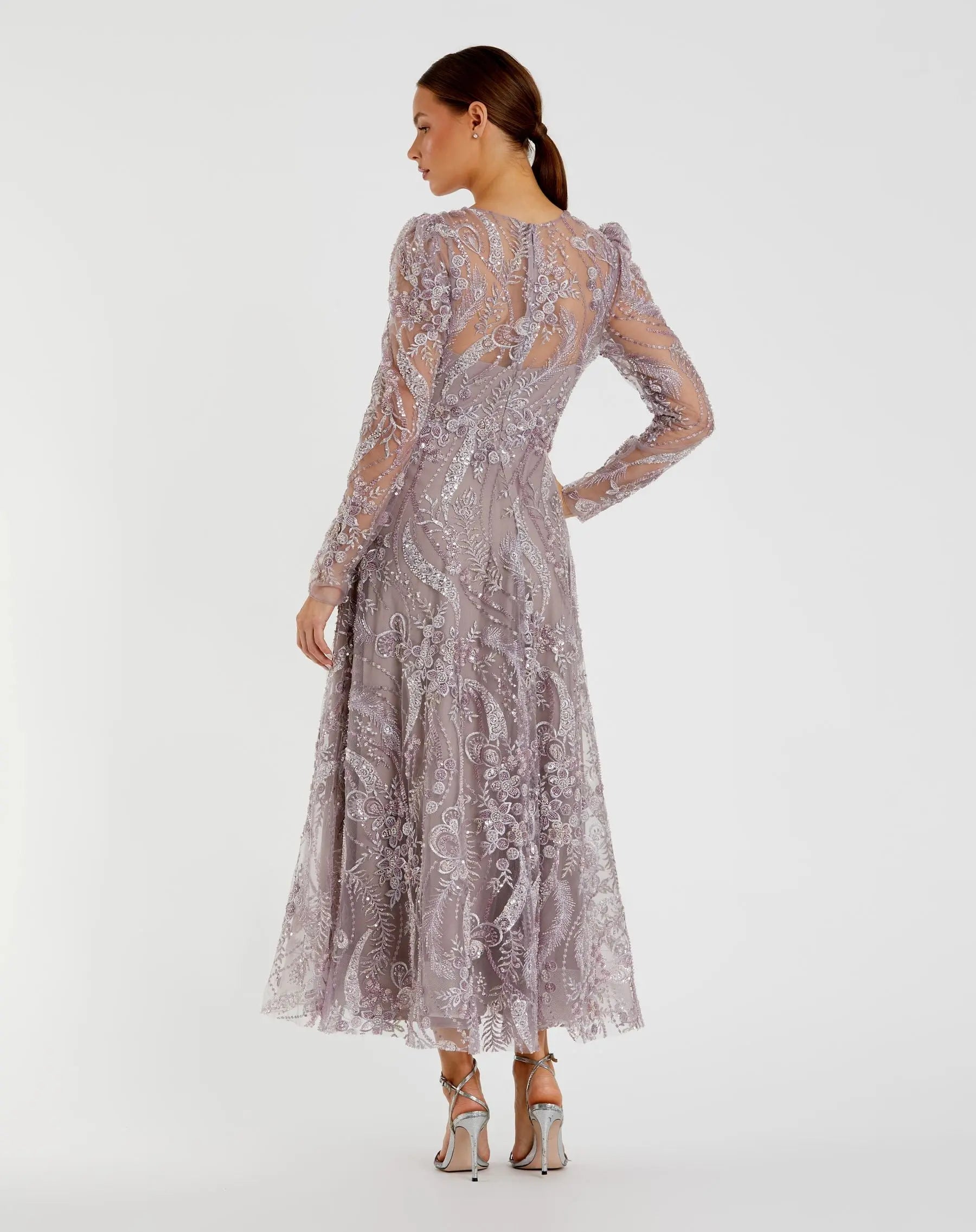 Purple Floral Embroidered High Neck Long Sleeve Dress | Mac Duggal Purple Floral Embroidered High Neck Long Sleeve Dress | Mac Duggal