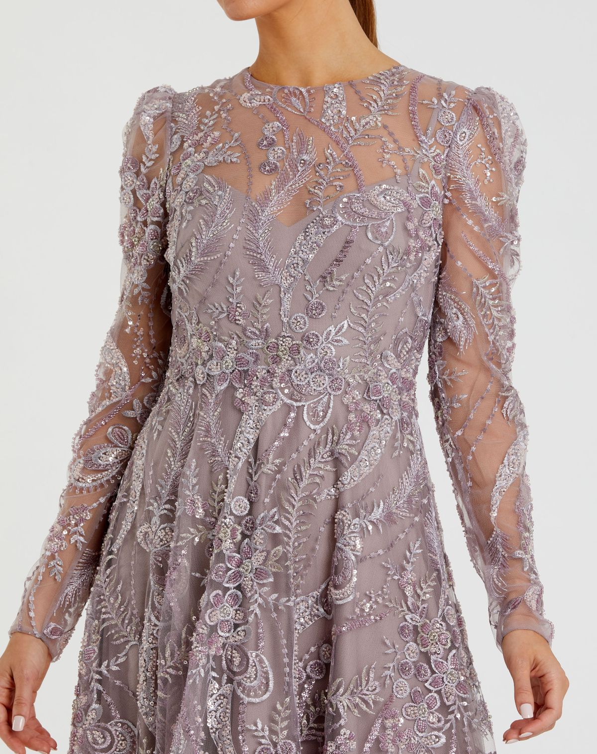 Purple Floral Embroidered  High Neck Long Sleeve Dress - Mac Duggal