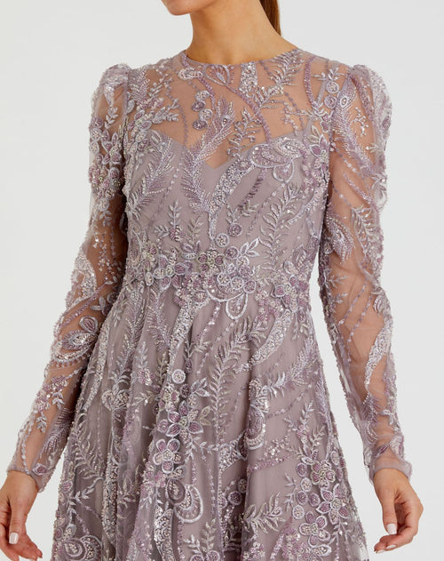 Purple Floral Embroidered  High Neck Long Sleeve Dress - Mac Duggal
