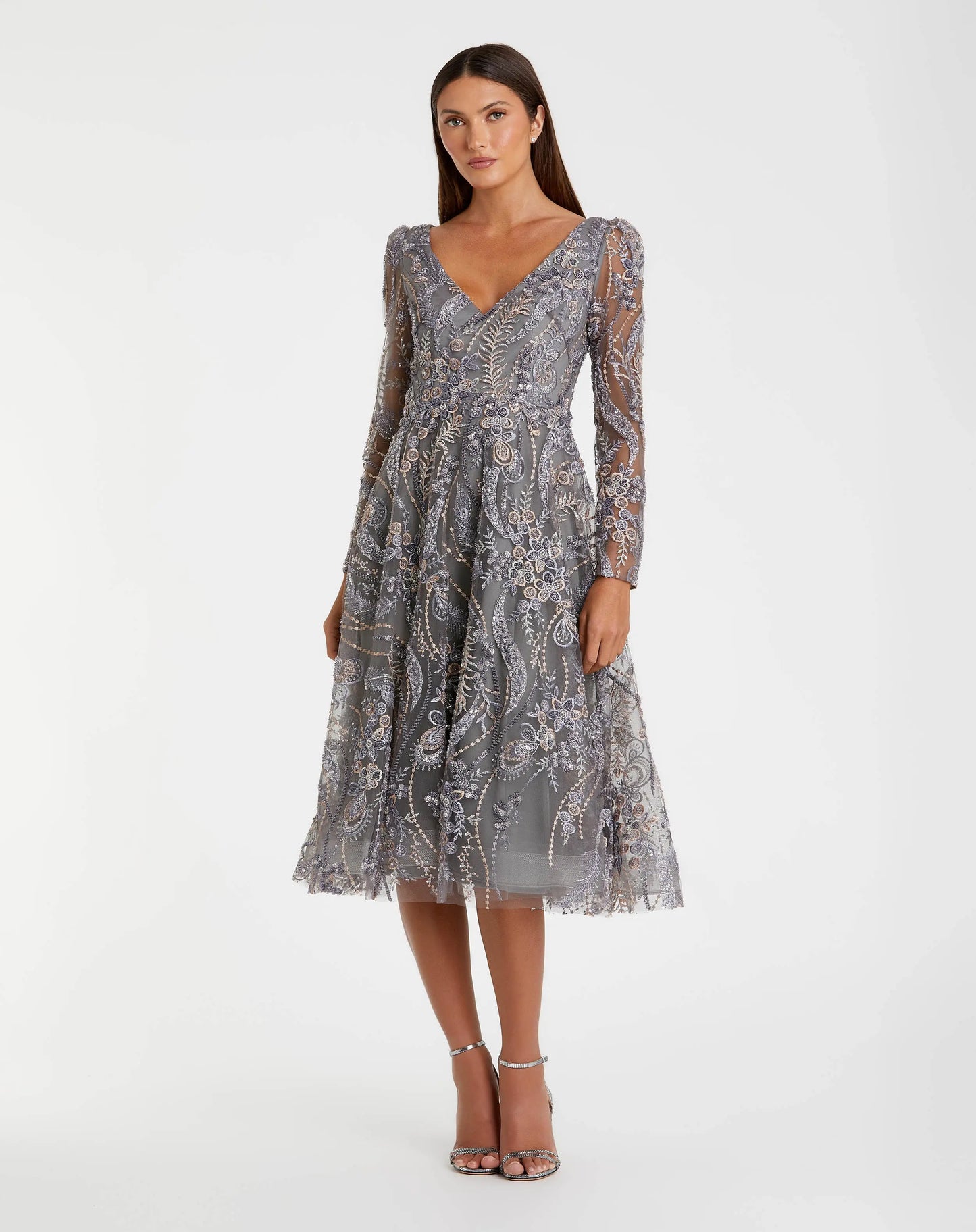 Gray Embroidered Long Sleeve Midi Dress