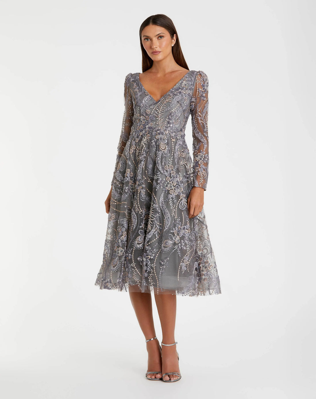 Gray Embroidered Long Sleeve Midi Dress Mac Duggal