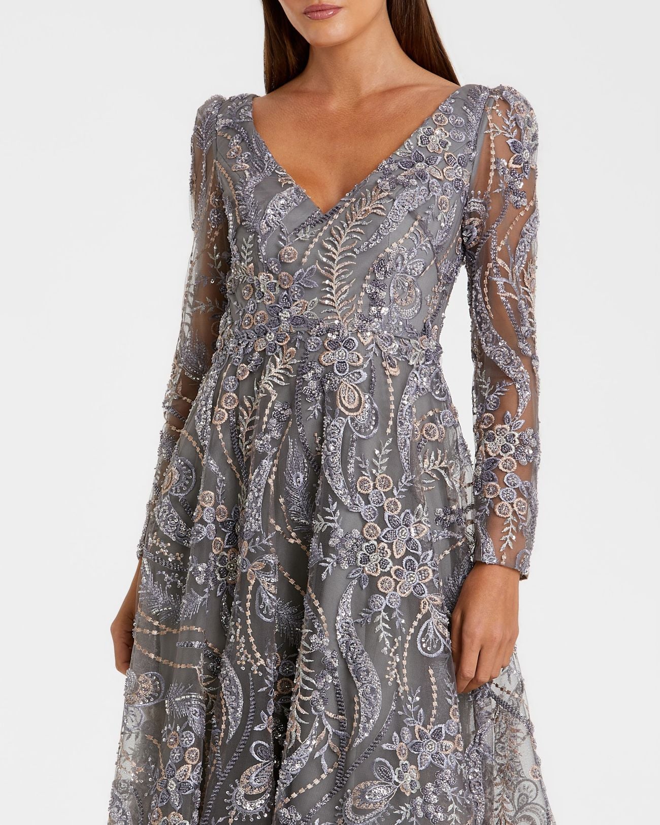 Gray Embroidered Long Sleeve Midi Dress Mac Duggal
