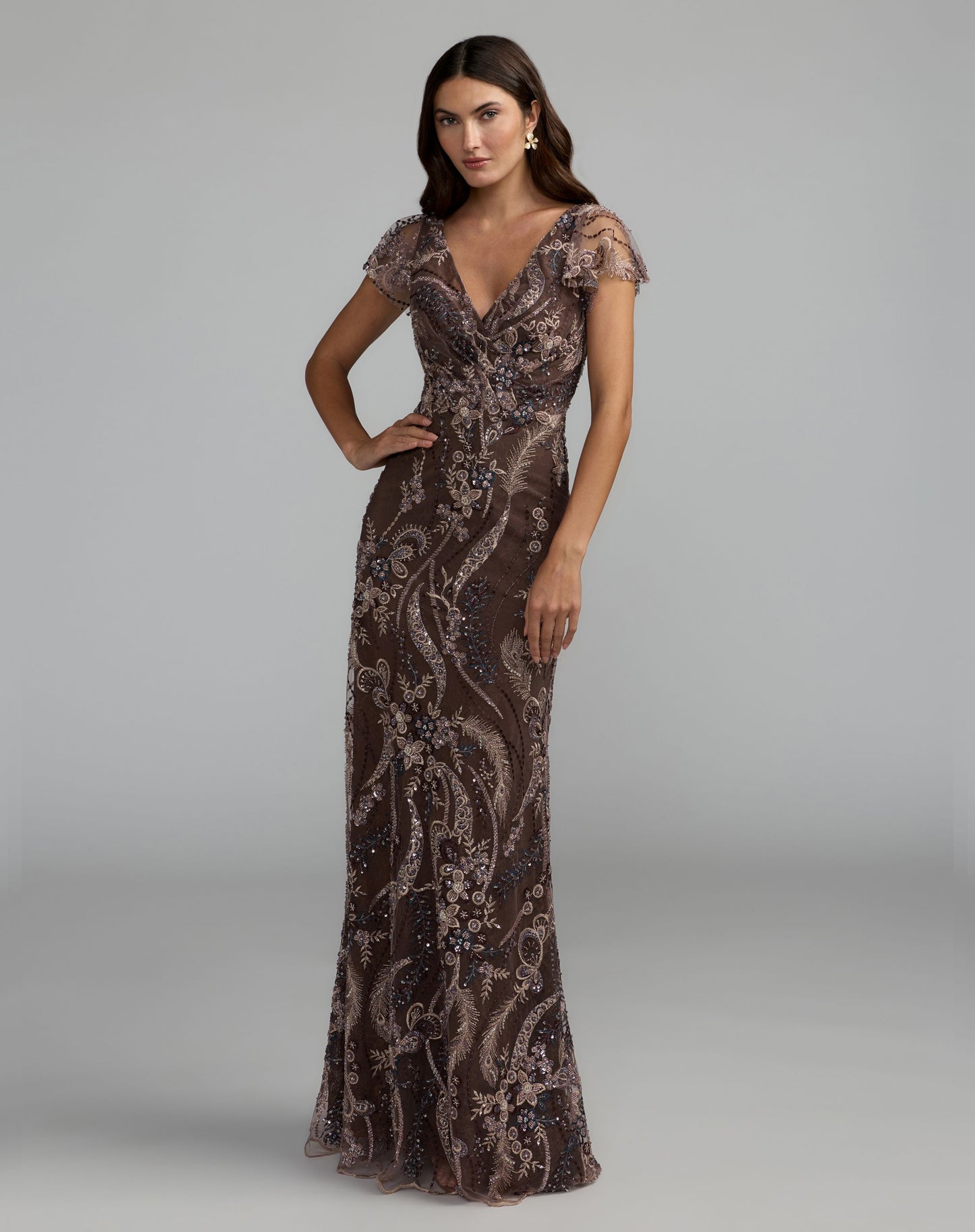 Brown V Neck Flutter Sleeve Embroidered Lace Gown - Mac Duggal
