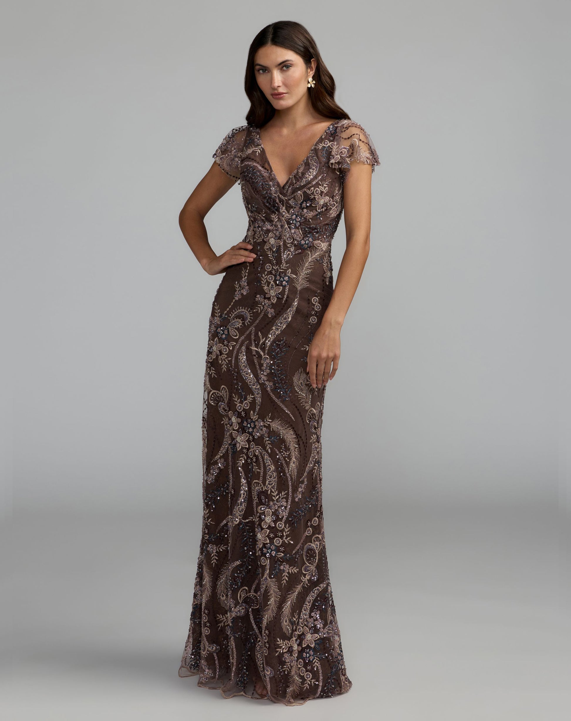 Brown V Neck Flutter Sleeve Embroidered Lace Gown - Mac Duggal
